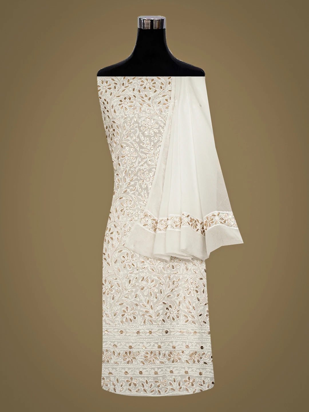 Ada Hand Embroidered White Viscose Georgette lucknowi Chikankari Unstitched Kurta Dupatta Set With Gota Patti Work 01A907349