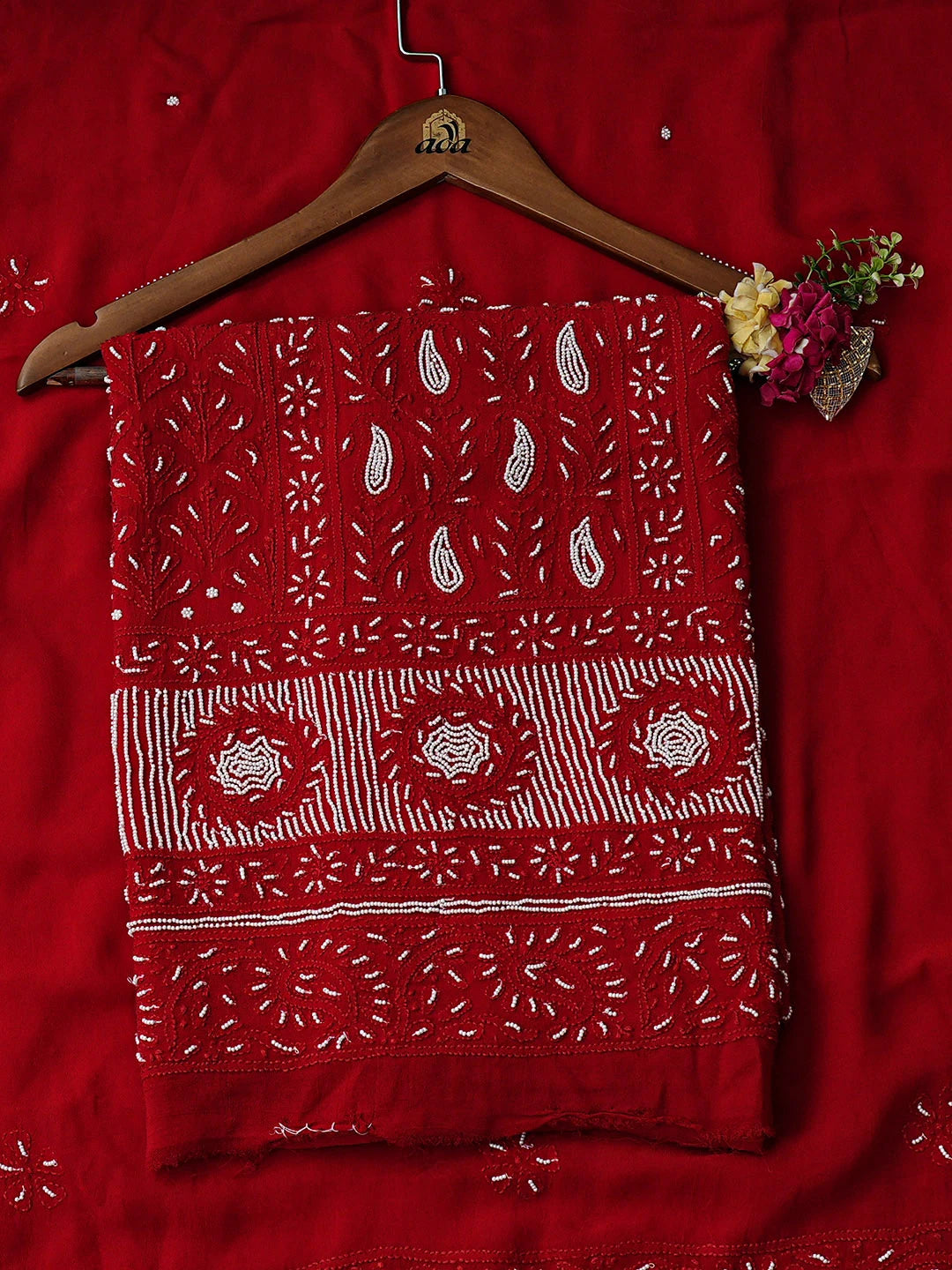Ada Hand Embroidered Red Viscose Georgette lucknowi Chikankari Unstitched Kurta Dupatta Set With Pearl Work 01A850887