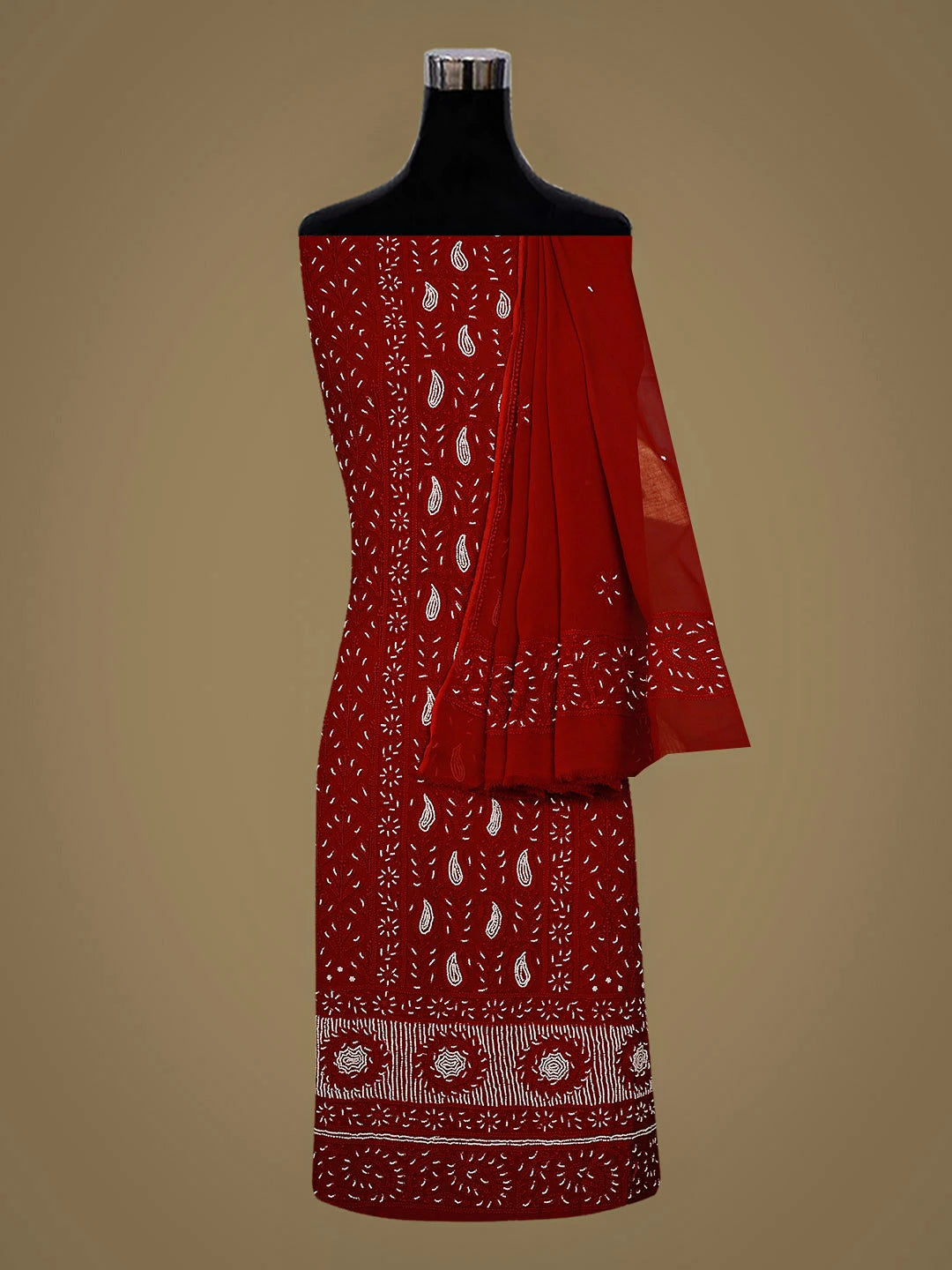 Ada Hand Embroidered Red Viscose Georgette lucknowi Chikankari Unstitched Kurta Dupatta Set With Pearl Work 01A850887