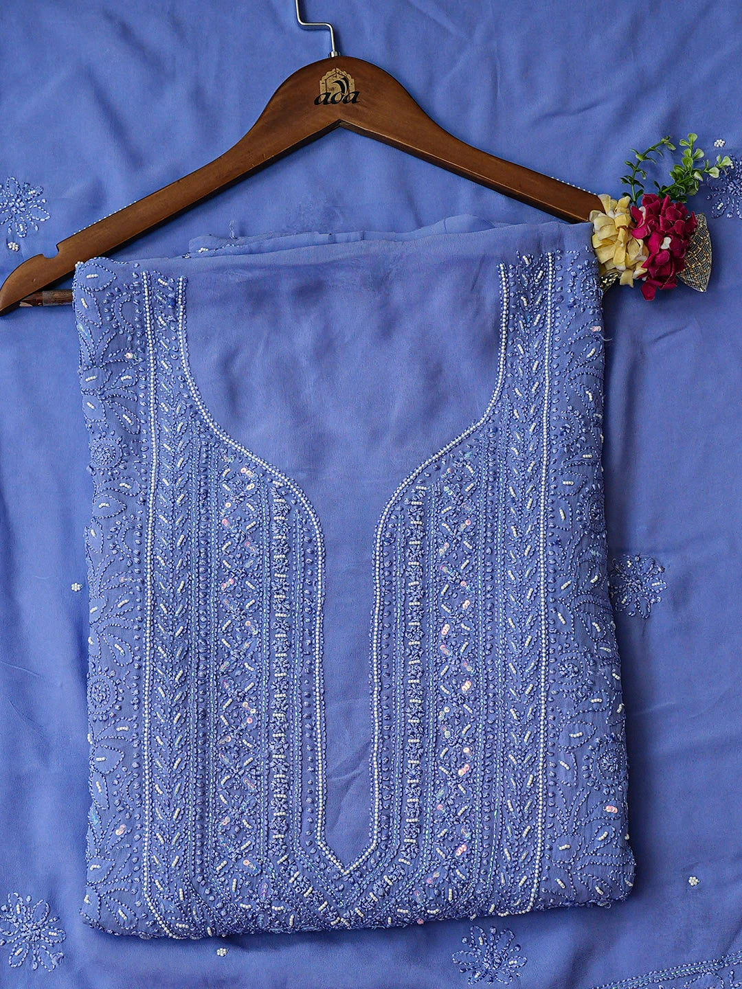 Ada Hand Embroidered Blue Viscose Georgette lucknowi Chikankari Unstitched Kurta Dupatta Set With Pearl Work 01A933556