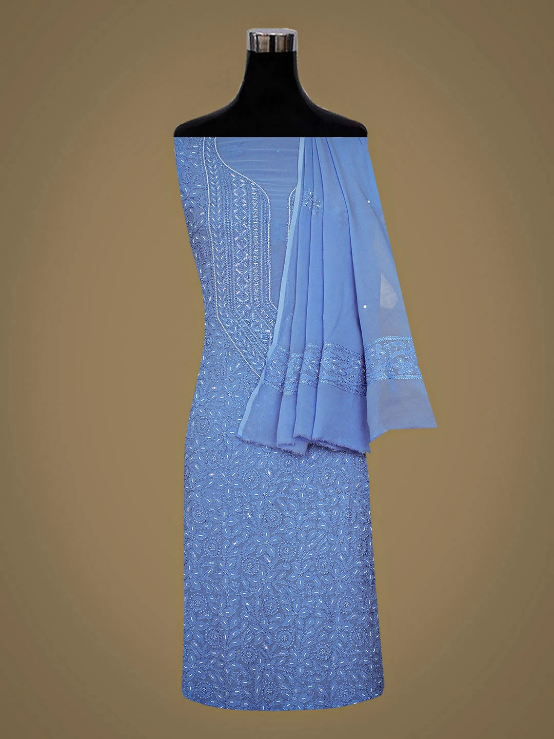 Ada Hand Embroidered Blue Viscose Georgette lucknowi Chikankari Unstitched Kurta Dupatta Set With Pearl Work 01A933556