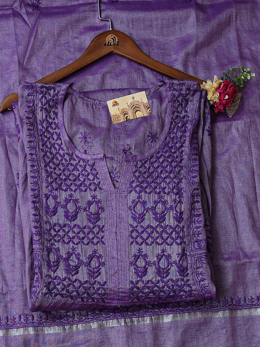 Ada Hand Embroidered Purple Tissue lucknowi Chikankari Semi-stitched Kurta Dupatta Set 01A946077