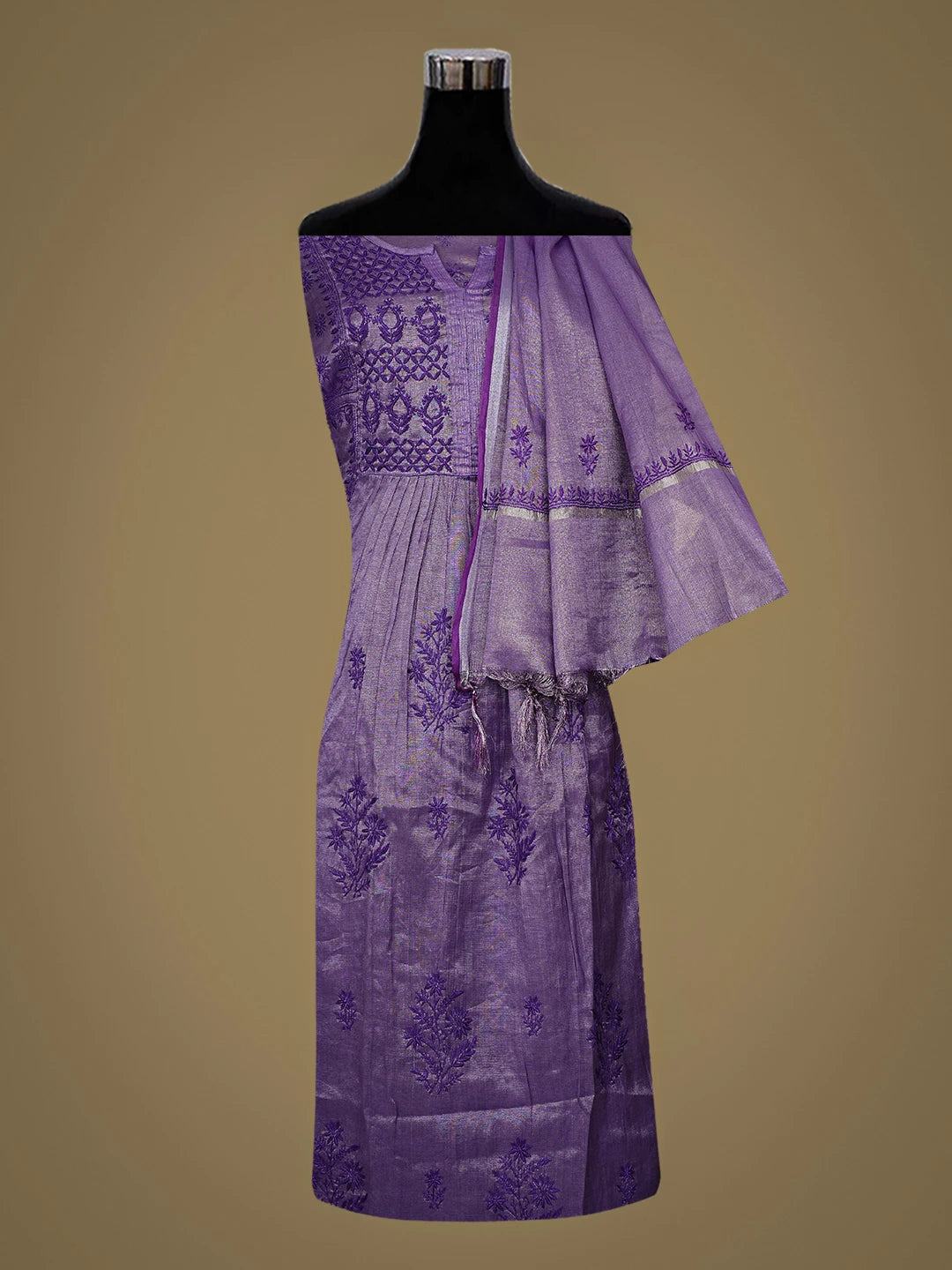 Ada Hand Embroidered Purple Tissue lucknowi Chikankari Semi-stitched Kurta Dupatta Set 01A946077
