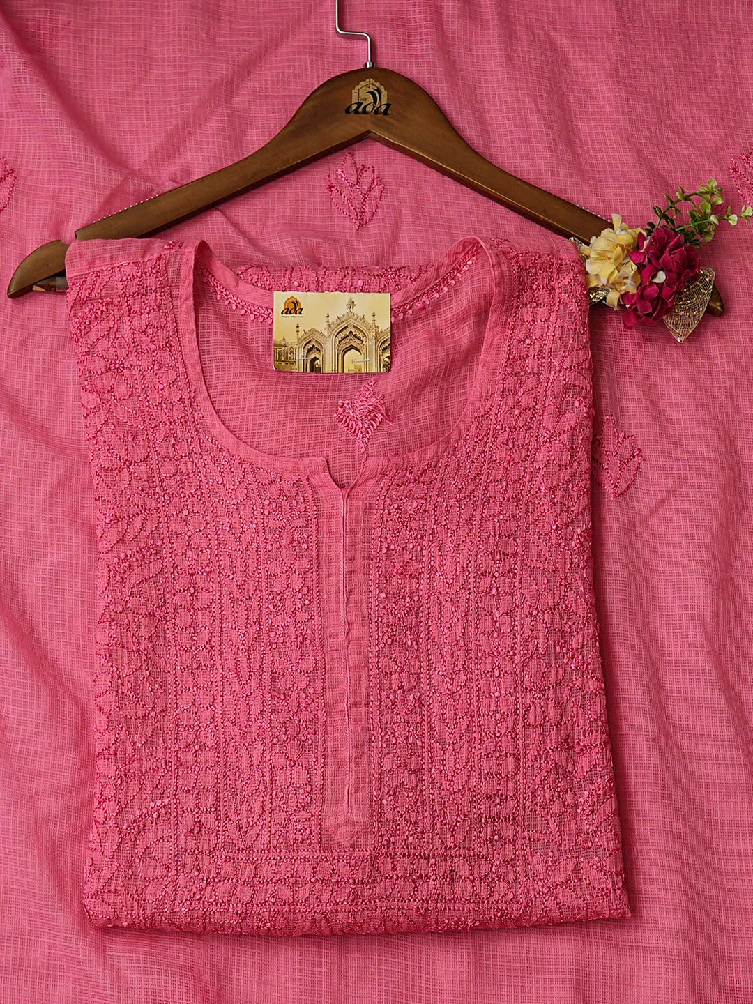 Ada Hand Embroidered Pink Kota lucknowi Chikankari Semi-stitched Kurta Dupatta Set 01A919678