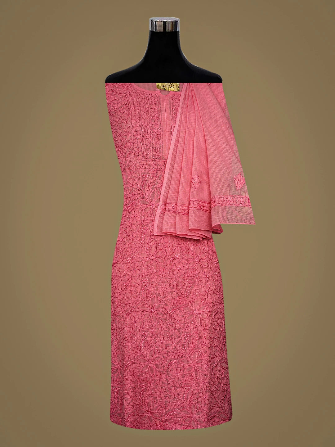 Ada Hand Embroidered Pink Kota lucknowi Chikankari Semi-stitched Kurta Dupatta Set 01A919678
