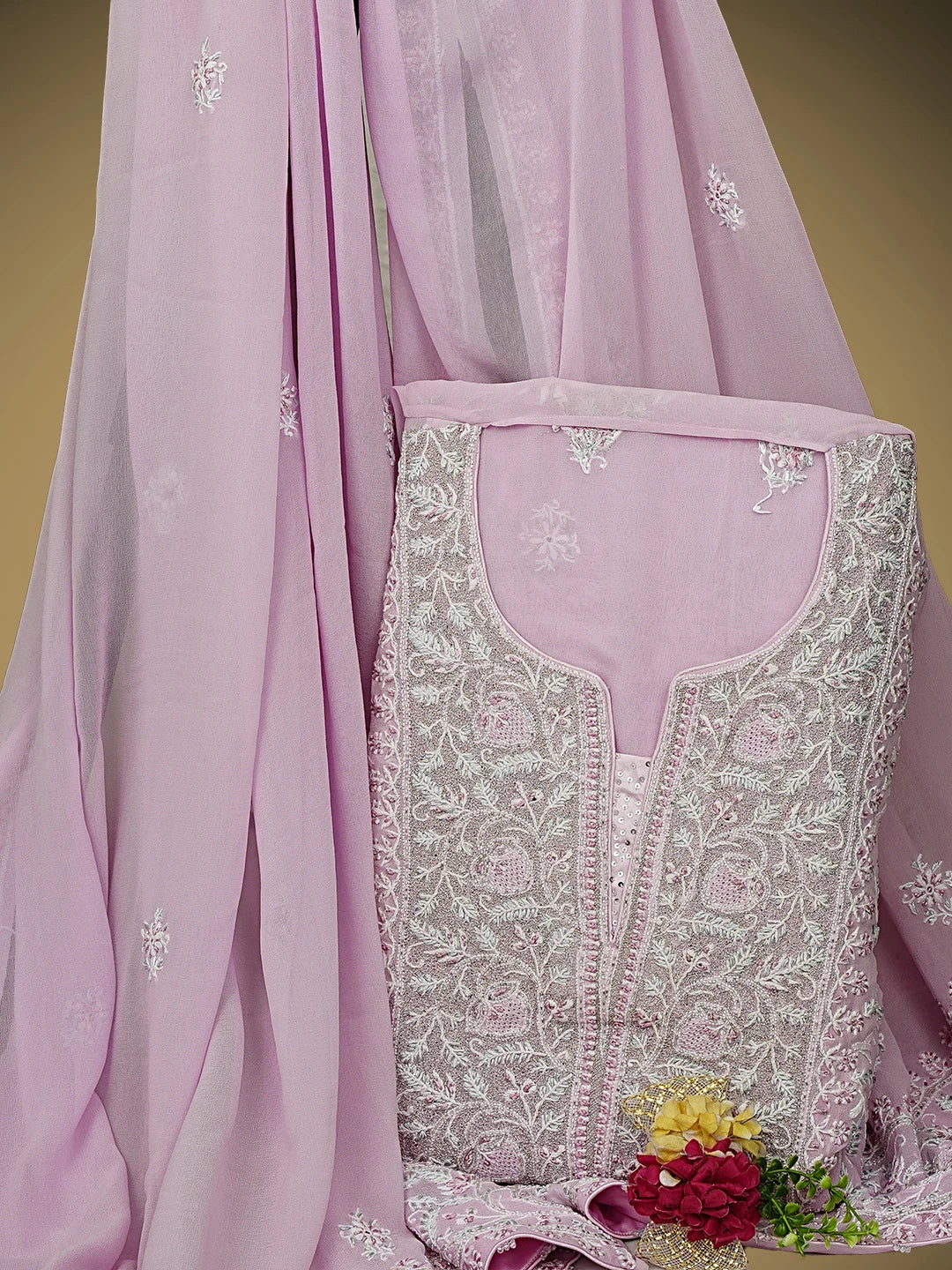 Ada Hand Embroidered Purple Essence Pure Georgette Lucknowi Chikankari Semi-stitched Kurta Dupatta Set With Cutdana Work 01A572425