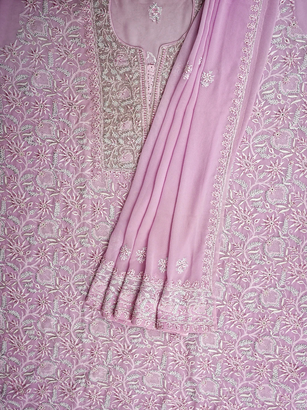 Ada Hand Embroidered Purple Essence Pure Georgette Lucknowi Chikankari Semi-stitched Kurta Dupatta Set With Cutdana Work 01A572425