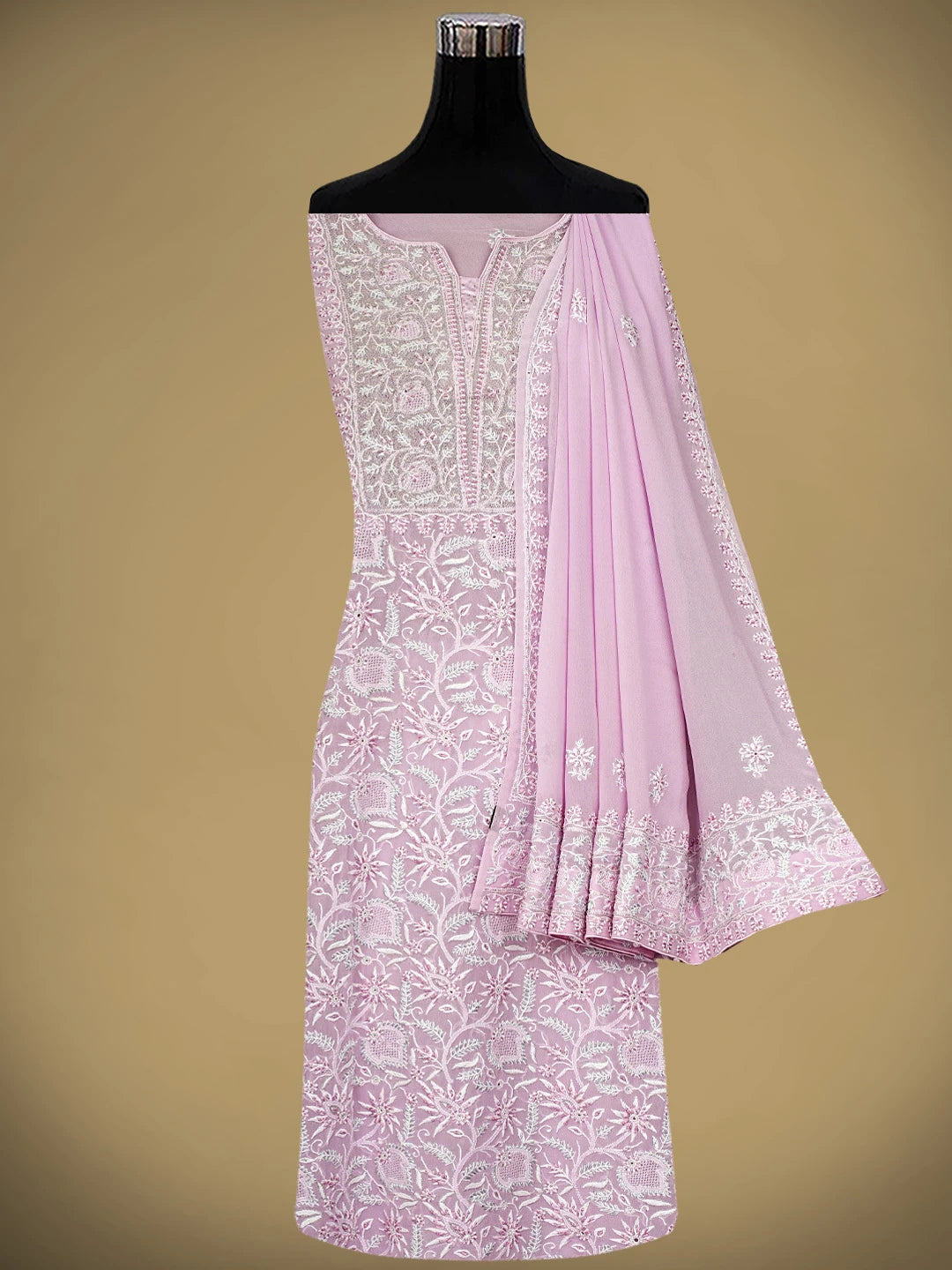 Ada Hand Embroidered Purple Essence Pure Georgette Lucknowi Chikankari Semi-stitched Kurta Dupatta Set With Cutdana Work 01A572425