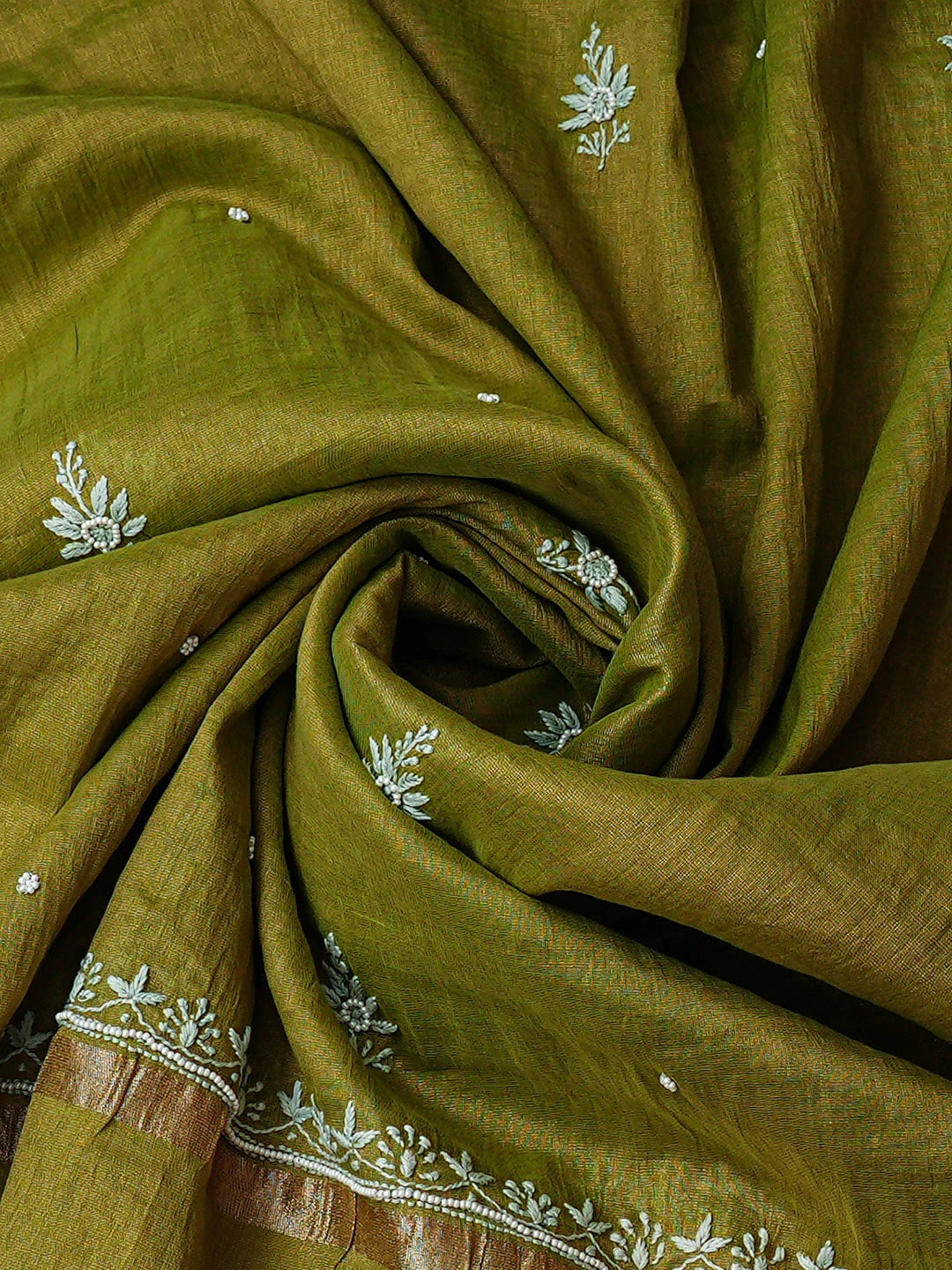 Ada Hand Embroidered Green Tissue lucknowi Chikankari Semi-stitched Kurta Dupatta Set With Pearl Work 01A819343
