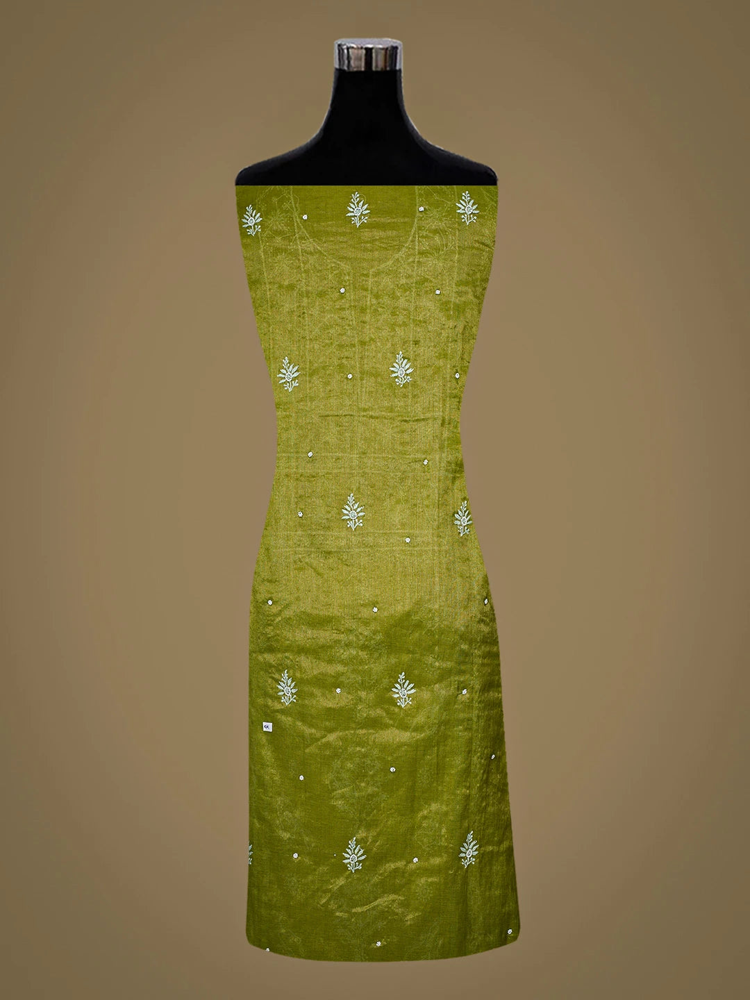 Ada Hand Embroidered Green Tissue lucknowi Chikankari Semi-stitched Kurta Dupatta Set With Pearl Work 01A819343