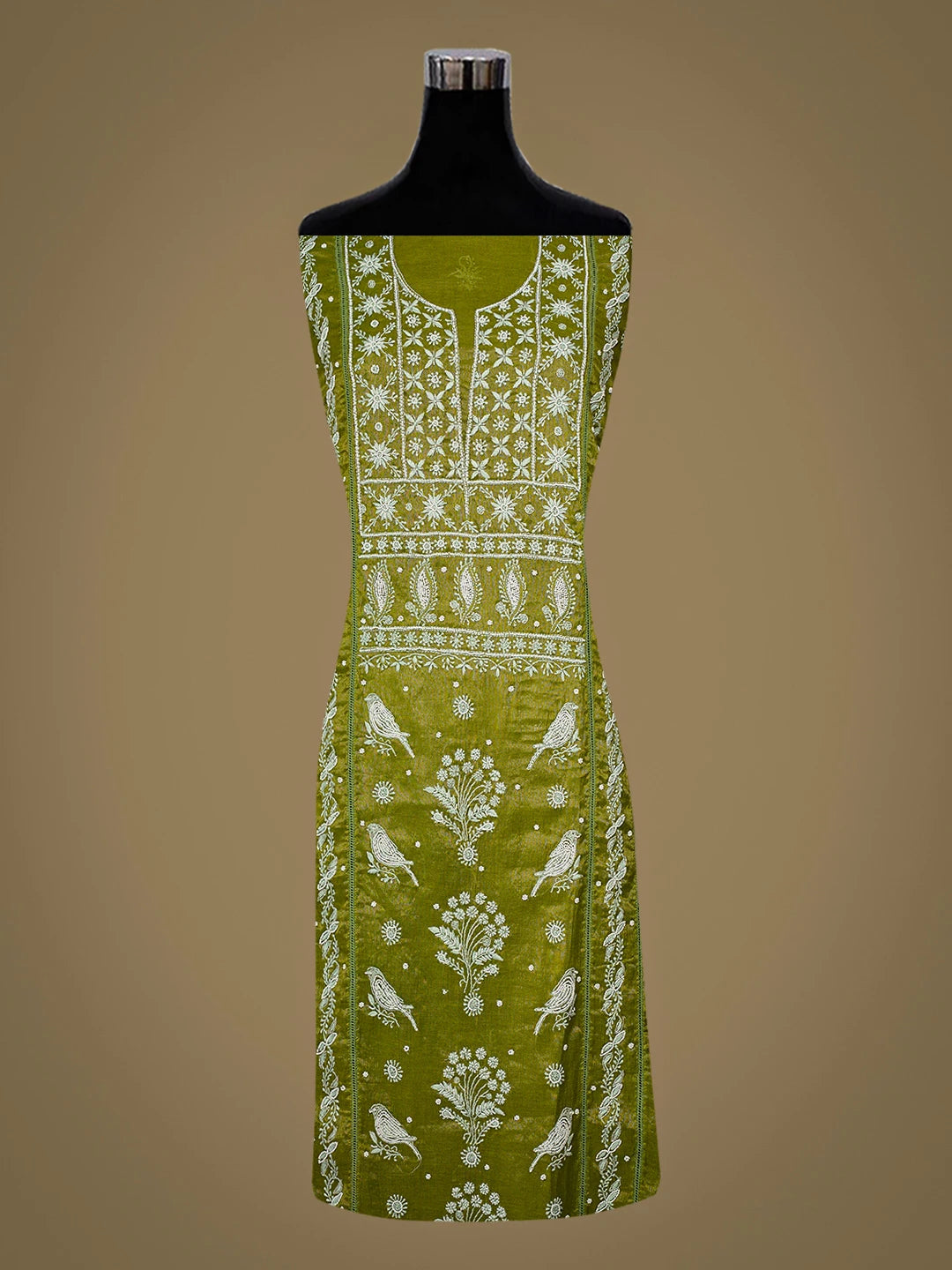 Ada Hand Embroidered Green Tissue lucknowi Chikankari Semi-stitched Kurta Dupatta Set With Pearl Work 01A819343