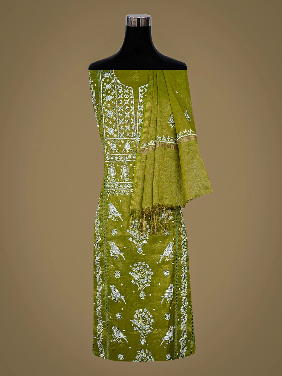 Ada Hand Embroidered Green Tissue lucknowi Chikankari Semi-stitched Kurta Dupatta Set With Pearl Work 01A819343