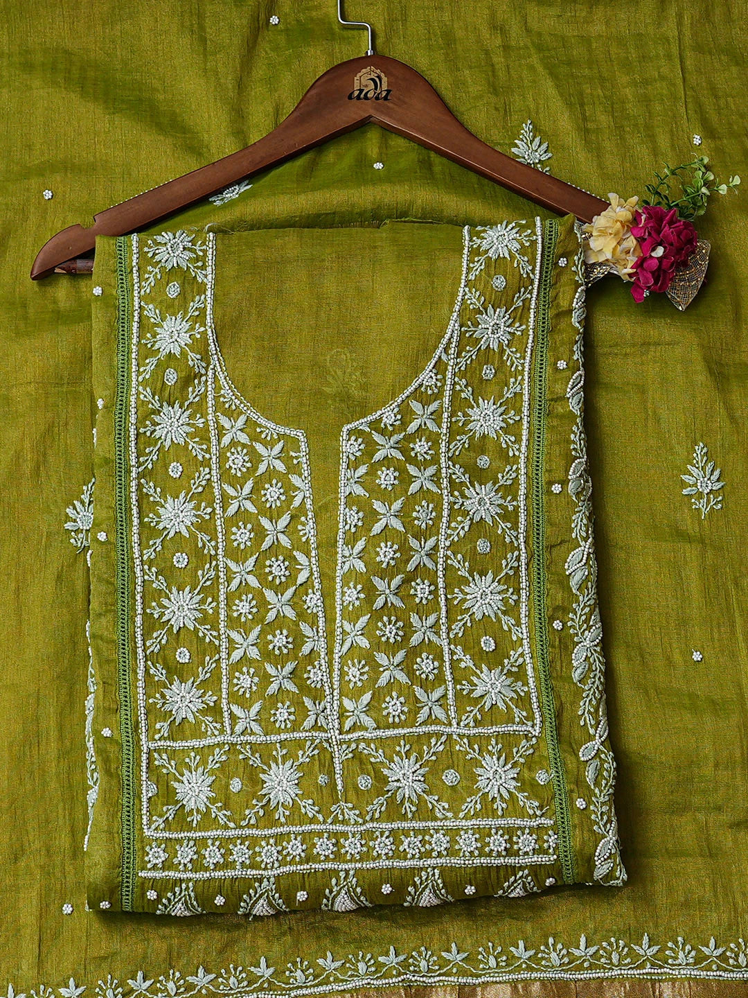 Ada Hand Embroidered Green Tissue lucknowi Chikankari Semi-stitched Kurta Dupatta Set With Pearl Work 01A819343