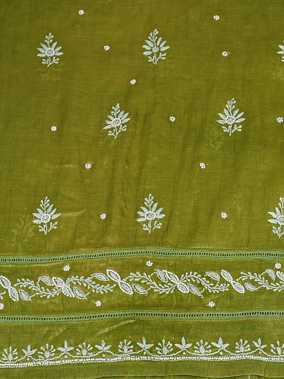 Ada Hand Embroidered Green Tissue lucknowi Chikankari Semi-stitched Kurta Dupatta Set With Pearl Work 01A819343