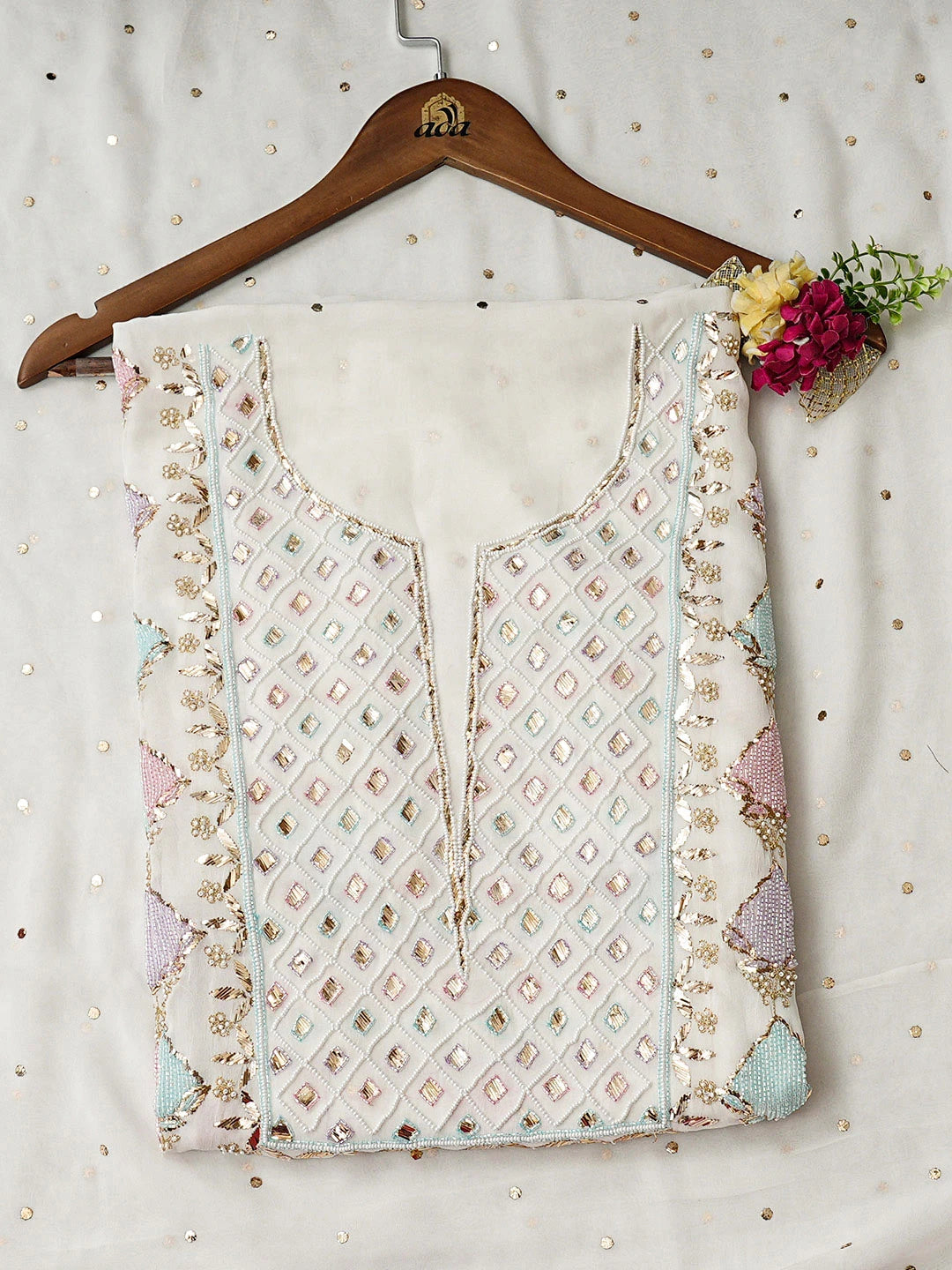 Ada Hand Embroidered White Viscose Georgette Unstitched Kurta Dupatta Set With Muqaish/Mukaish Work 01A957994