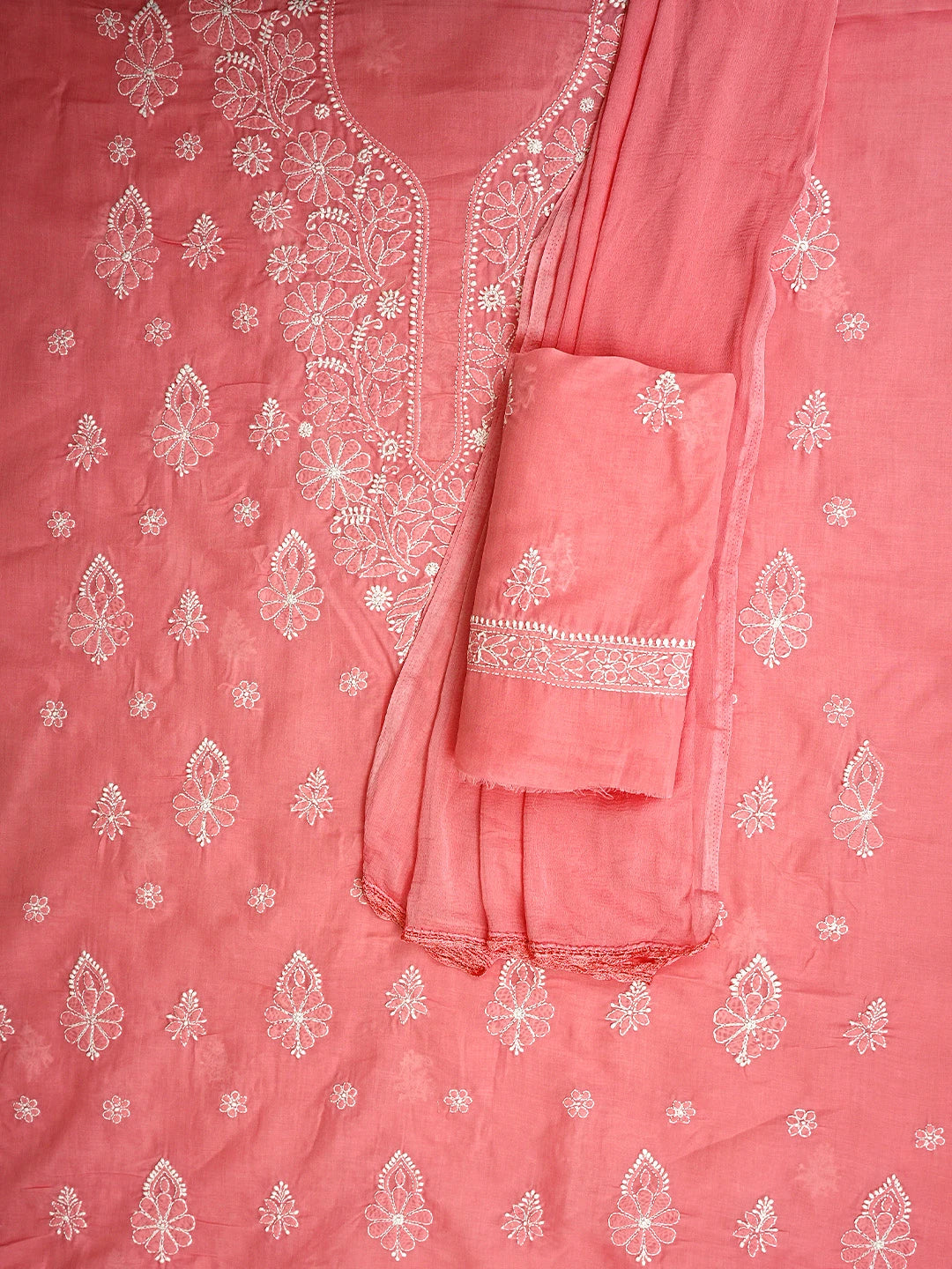 Ada Hand Embroidered Georgia Peach Cotton Lucknowi Chikankari Unstitched Suit Piece 01A960338