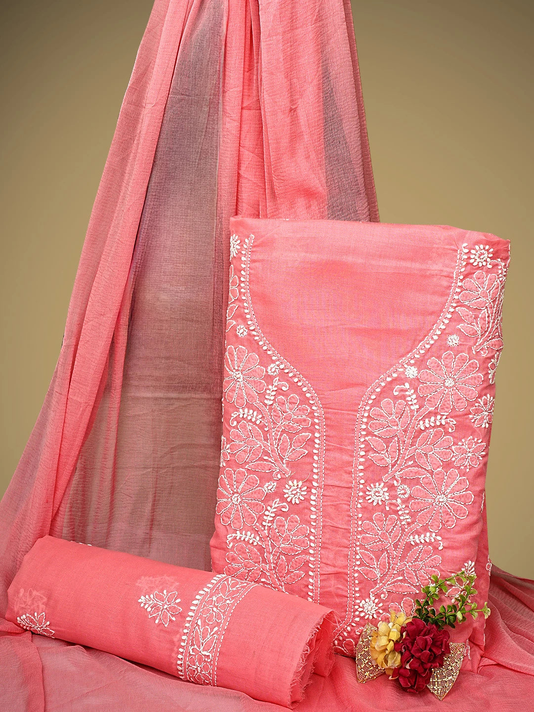 Ada Hand Embroidered Georgia Peach Cotton Lucknowi Chikankari Unstitched Suit Piece 01A960338