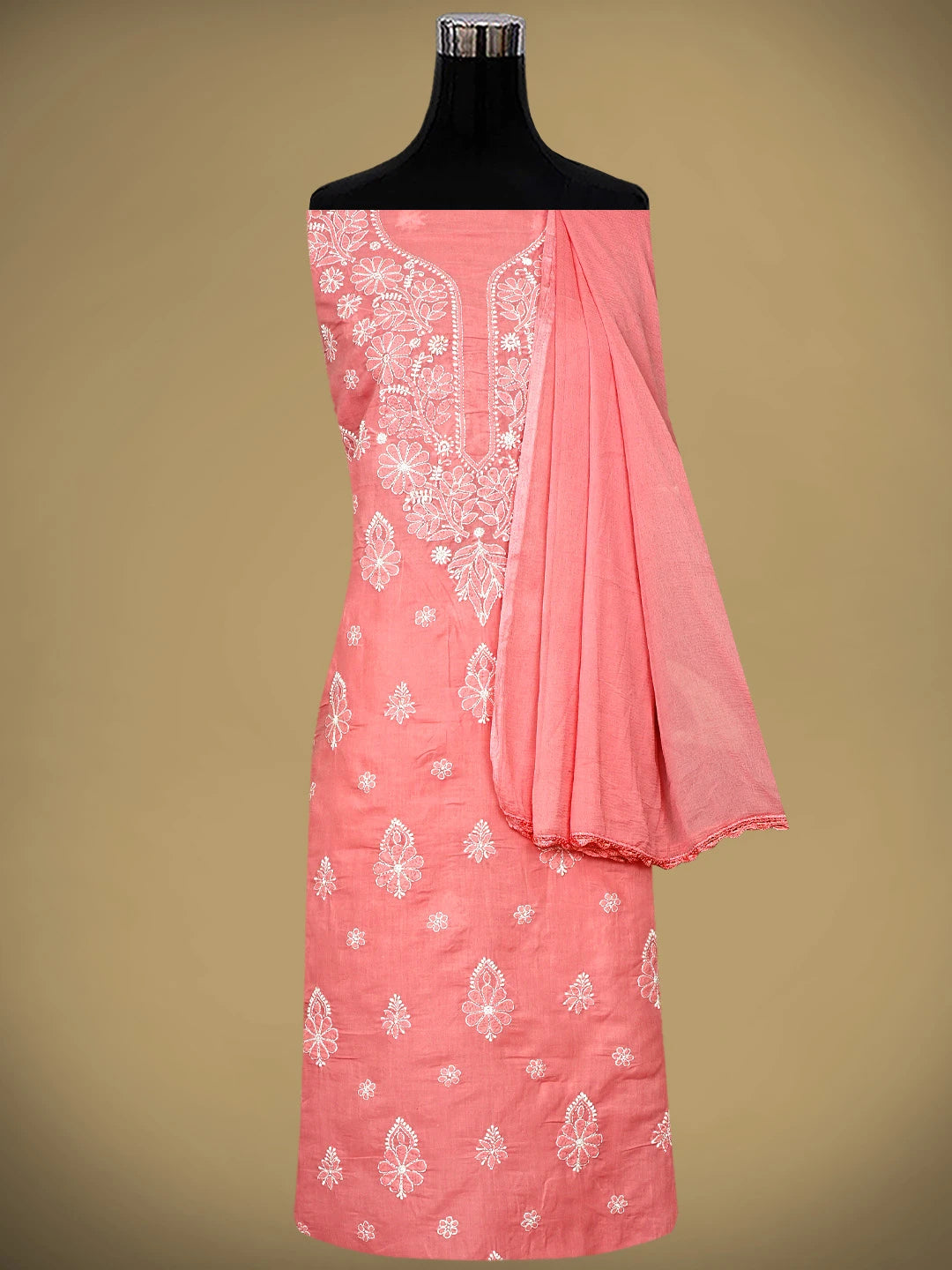 Ada Hand Embroidered Georgia Peach Cotton Lucknowi Chikankari Unstitched Suit Piece 01A960338