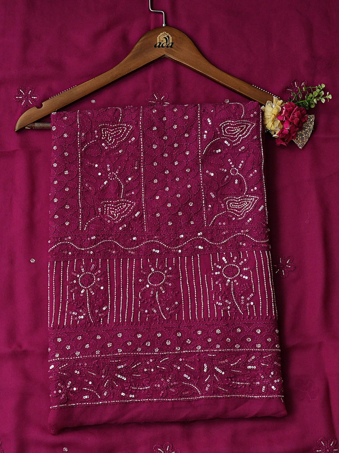 Ada Hand Embroidered Magenta Viscose Georgette Lucknowi Chikankari Unstitched Kurta Dupatta Set With Cutdana Work 01A884333