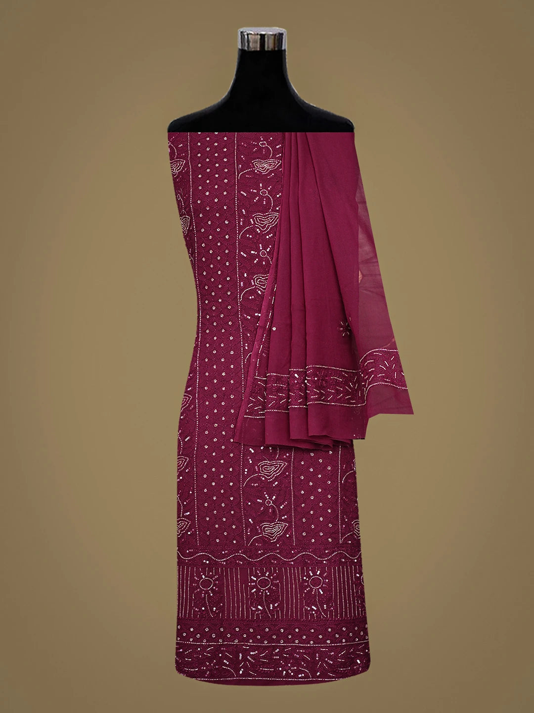 Ada Hand Embroidered Magenta Viscose Georgette Lucknowi Chikankari Unstitched Kurta Dupatta Set With Cutdana Work 01A884333
