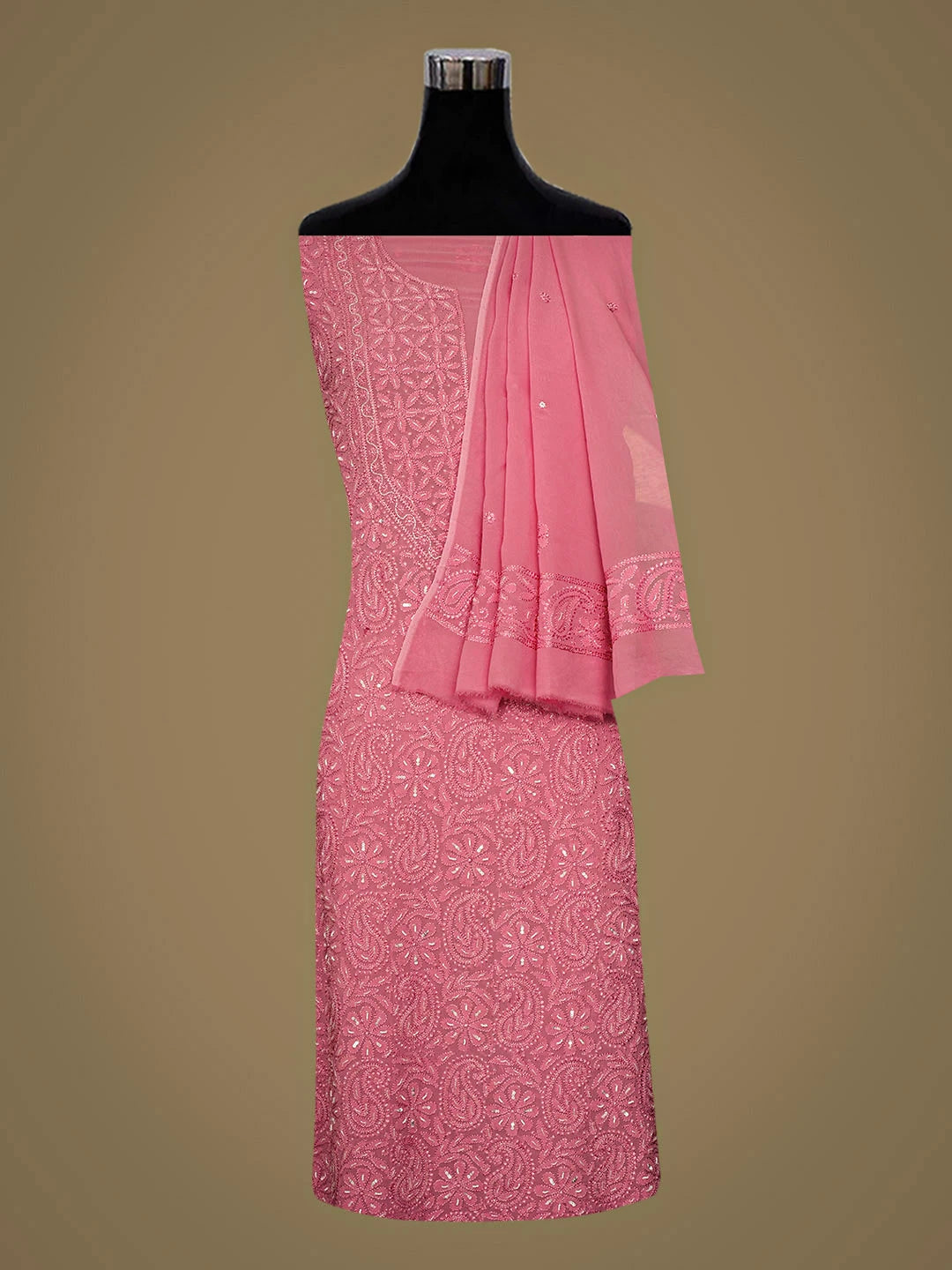 Ada Hand Embroidered Pink Viscose Georgette Lucknowi Chikankari Unstitched Kurta Dupatta Set With Cutdana Work 01A933596