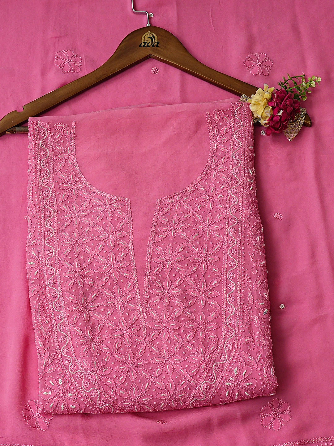 Ada Hand Embroidered Pink Viscose Georgette Lucknowi Chikankari Unstitched Kurta Dupatta Set With Cutdana Work 01A933596