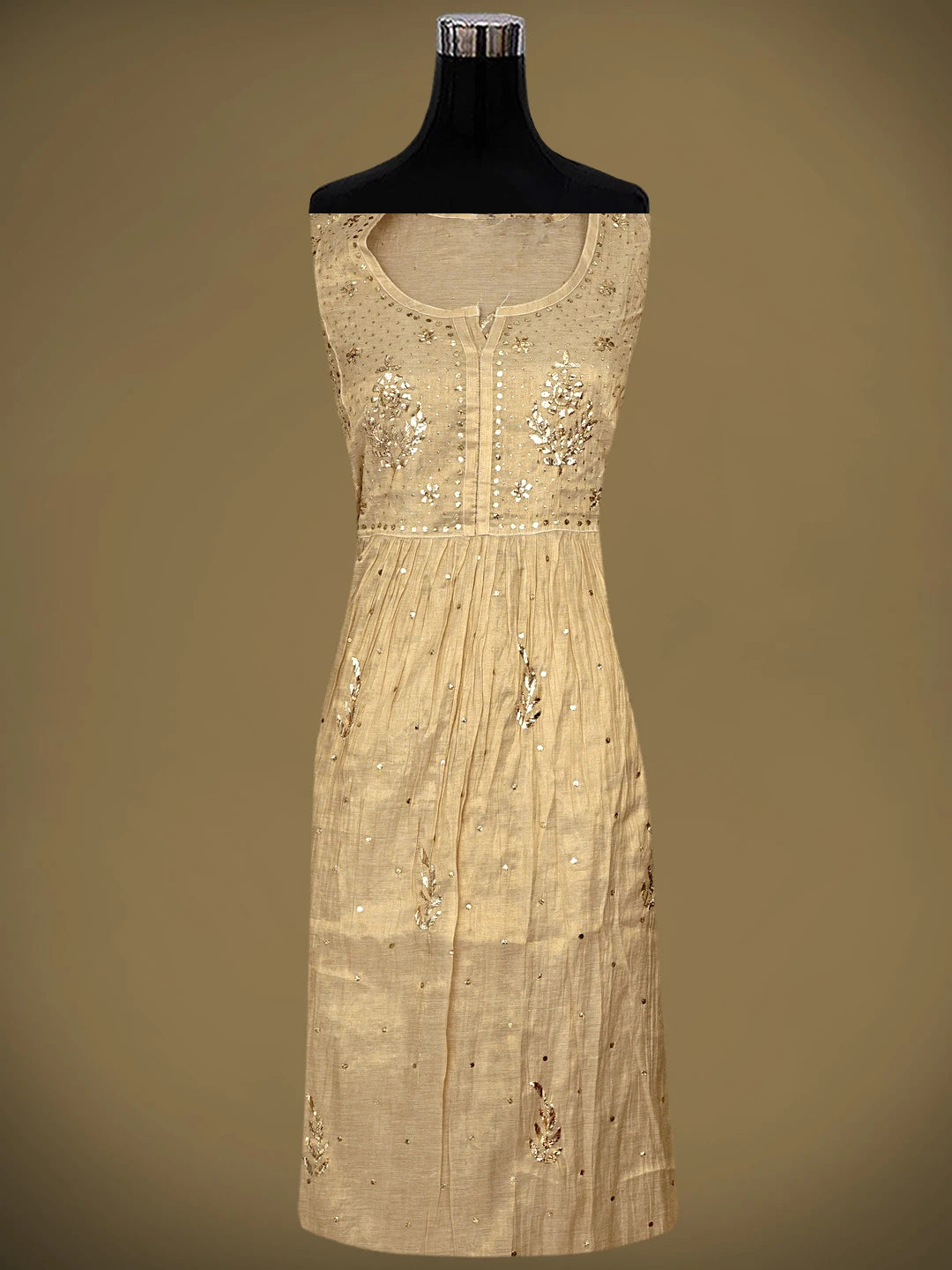 Ada Hand Embroidered Camel Brown Tissue Semi-Stitched A-line Kurta Dupatta Set With Muqaish Work 01A961991