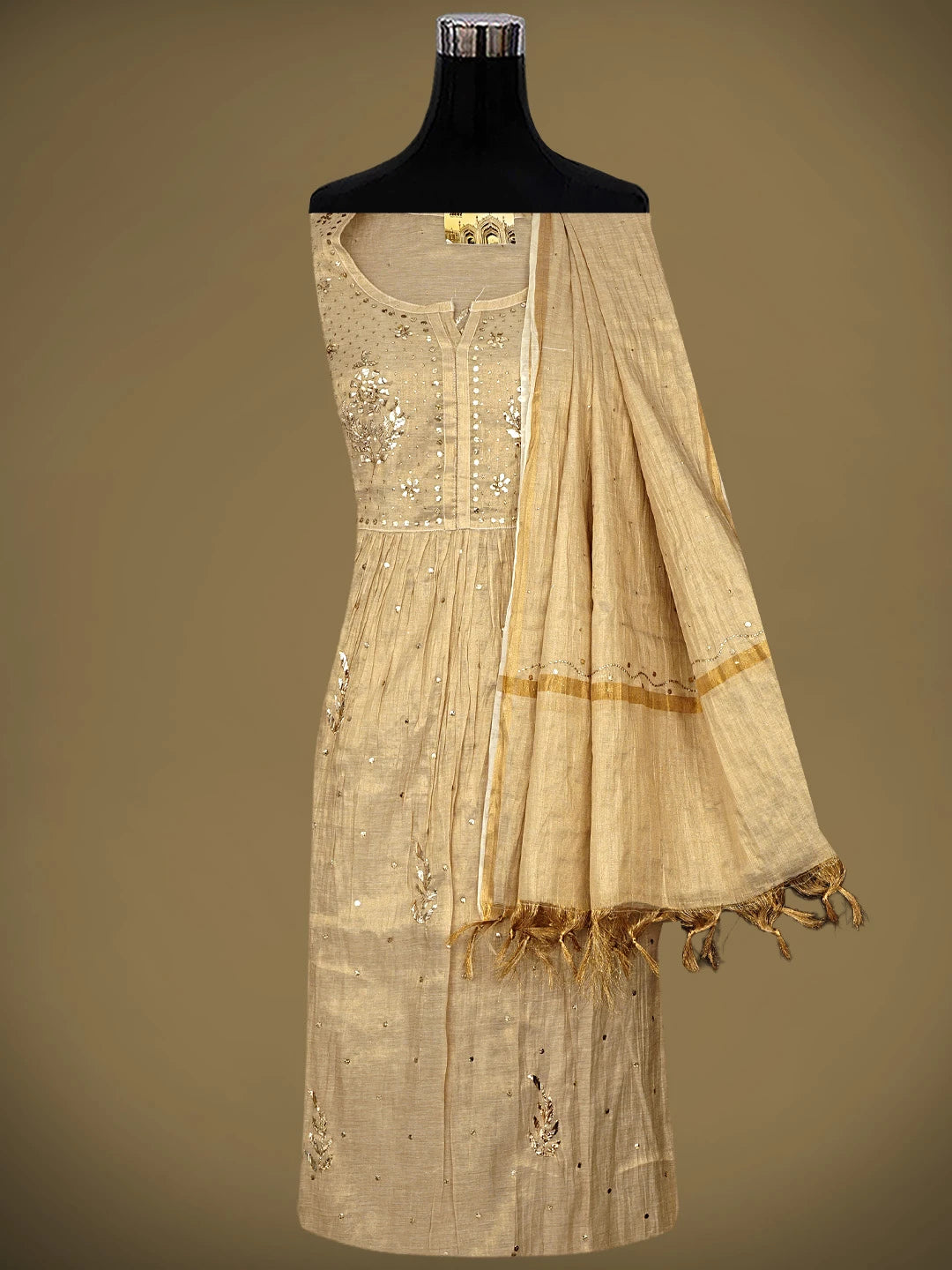 Ada Hand Embroidered Camel Brown Tissue Semi-Stitched A-line Kurta Dupatta Set With Muqaish Work 01A961991