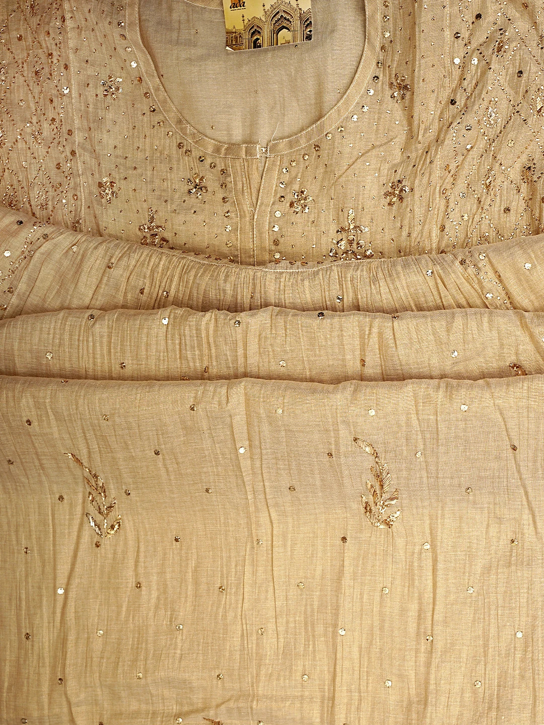 Ada Hand Embroidered Camel Brown Tissue Semi-Stitched A-line Kurta Dupatta Set With Muqaish Work 01A961991