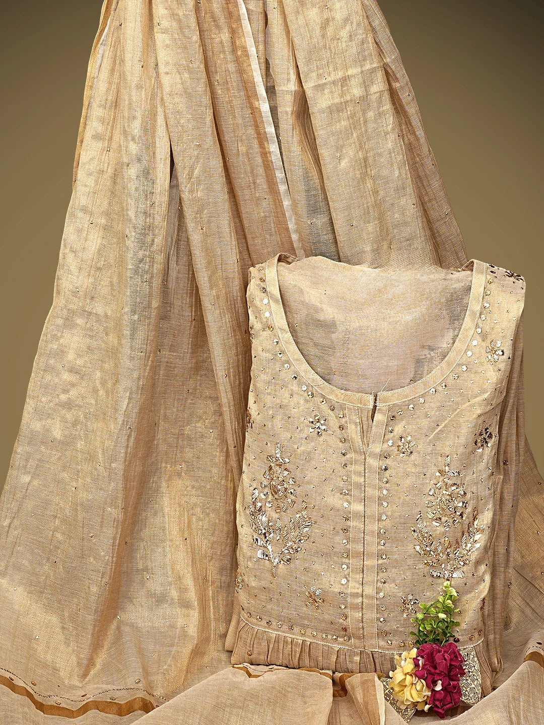 Ada Hand Embroidered Camel Brown Tissue Semi-Stitched A-line Kurta Dupatta Set With Muqaish Work 01A961991