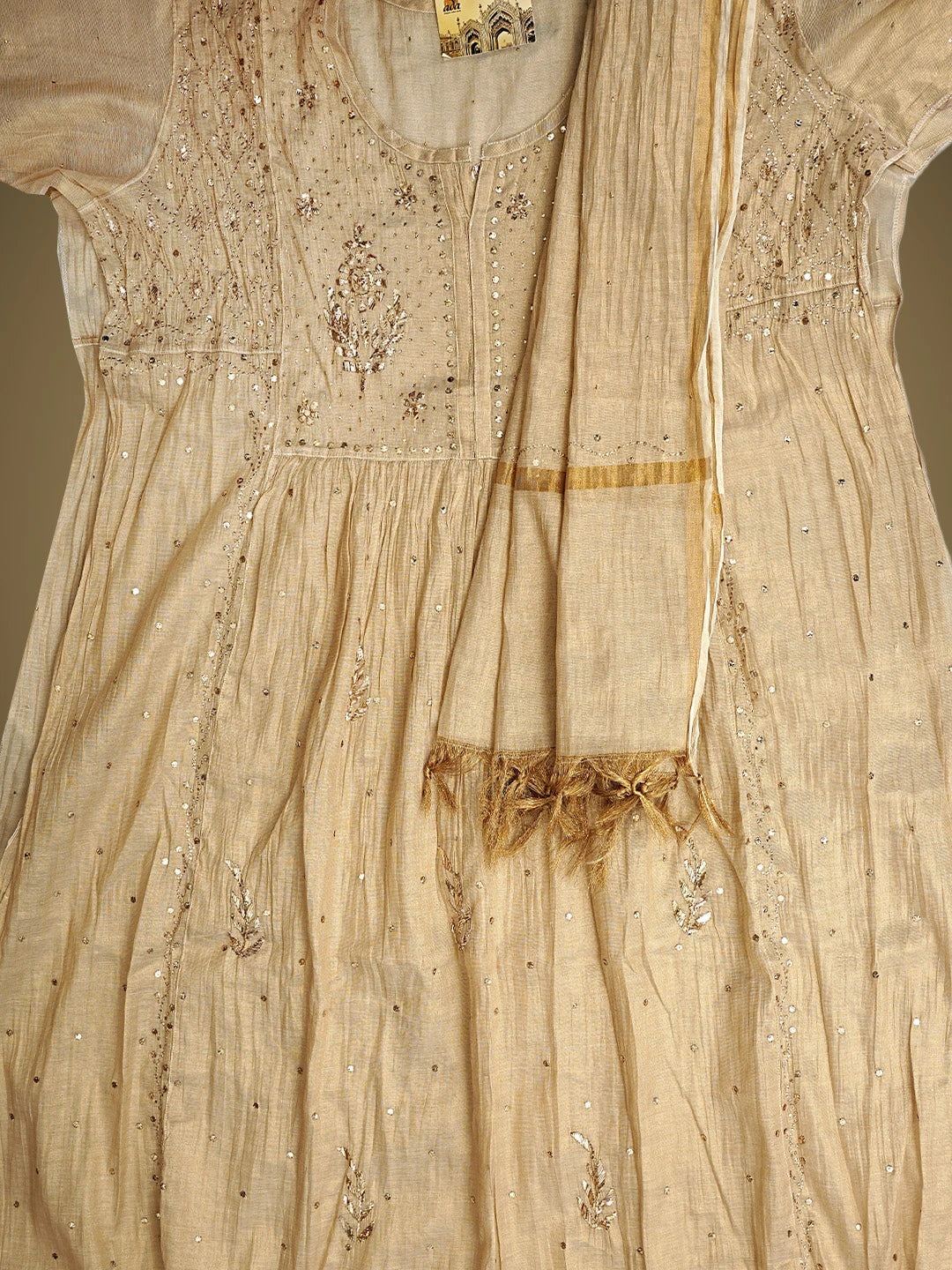 Ada Hand Embroidered Camel Brown Tissue Semi-Stitched A-line Kurta Dupatta Set With Muqaish Work 01A961991