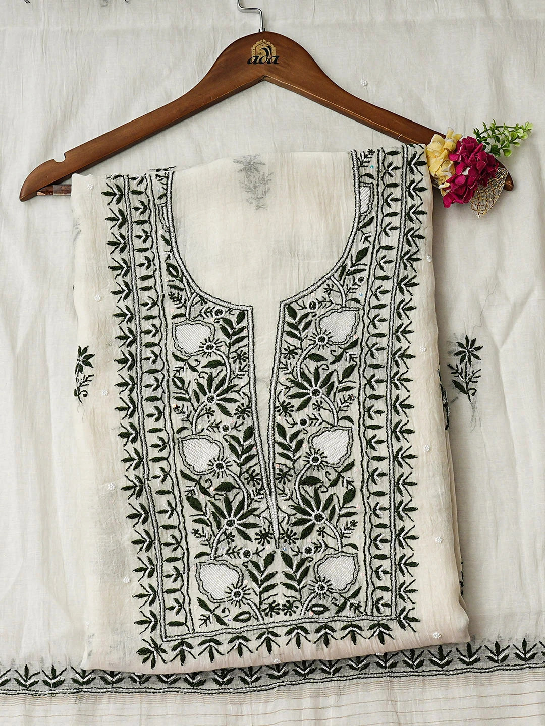 Ada Hand Embroidered White Chanderi Lucknowi Chikankari Unstitched Kurta Dupatta Set With Pearl Work 01A921250