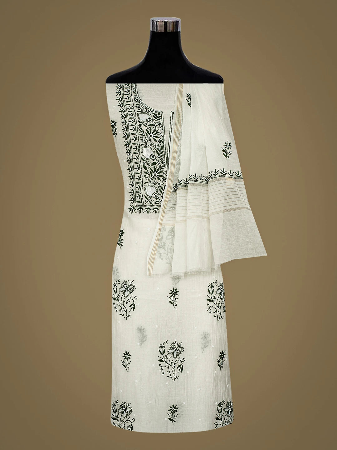 Ada Hand Embroidered White Chanderi Lucknowi Chikankari Unstitched Kurta Dupatta Set With Pearl Work 01A921250