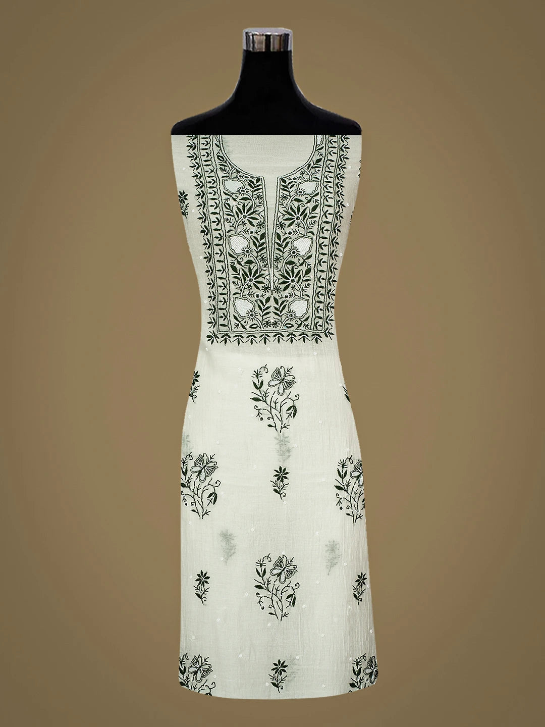 Ada Hand Embroidered White Chanderi Lucknowi Chikankari Unstitched Kurta Dupatta Set With Pearl Work 01A921250