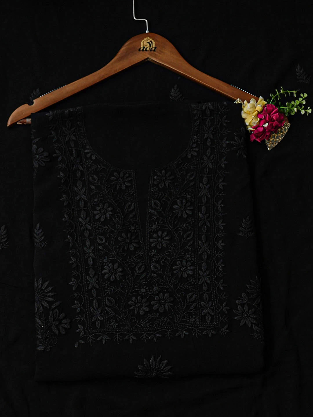 Ada Hand Embroidered Black Viscose Georgette Lucknowi Chikankari Unstitched Kurta Dupatta Set 01A810430