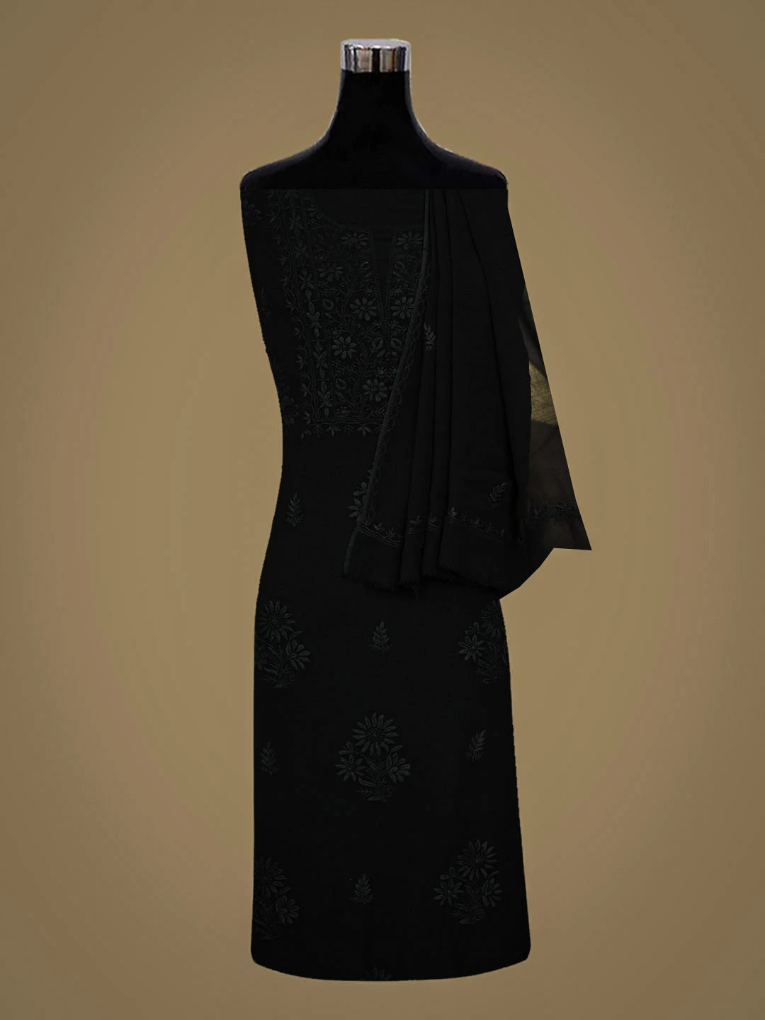 Ada Hand Embroidered Black Viscose Georgette Lucknowi Chikankari Unstitched Kurta Dupatta Set 01A810430