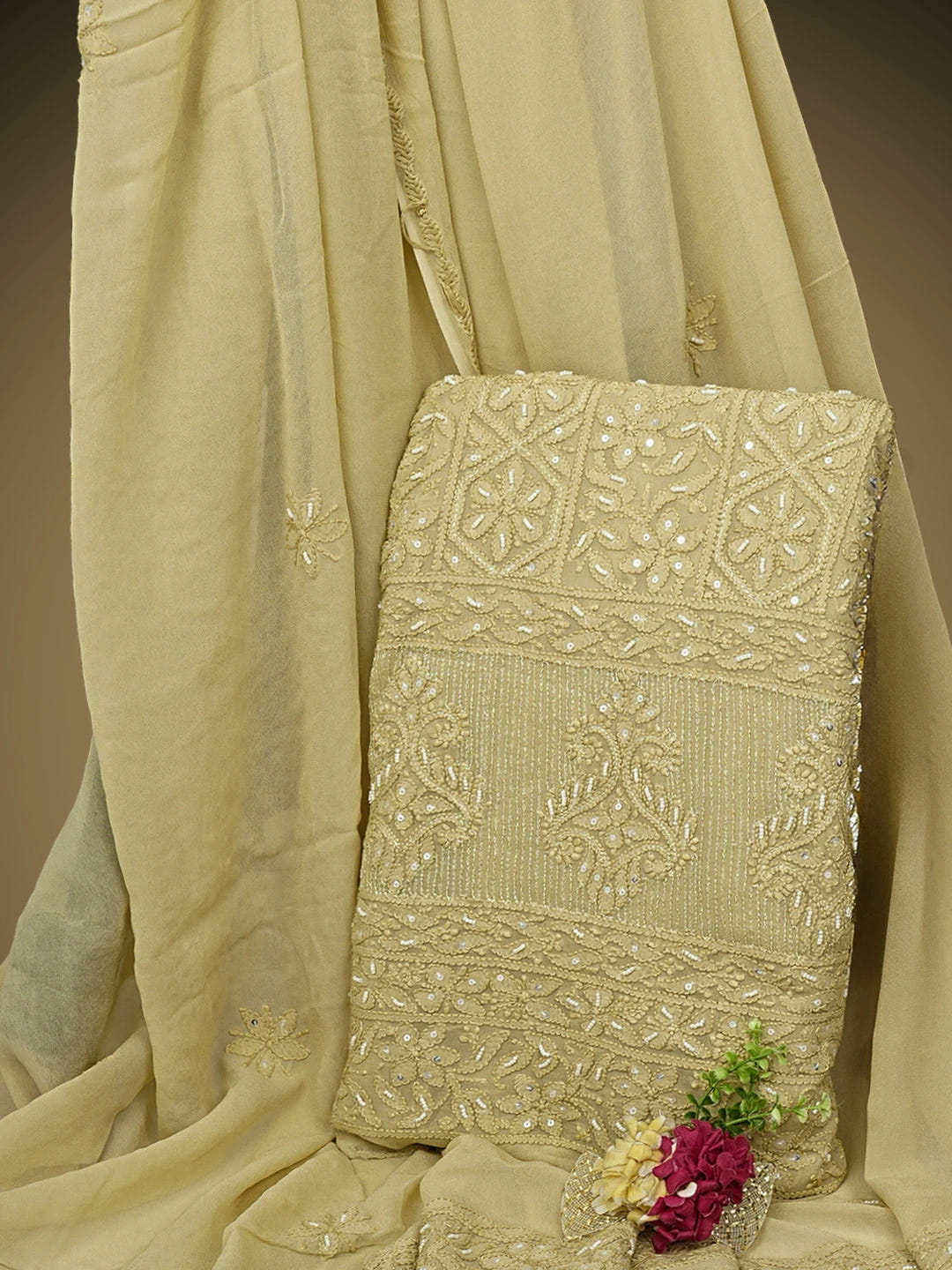 Ada Hand Embroidered Sand Brown Viscose Georgette Lucknowi Chikankari Unstitched Kurta Dupatta Set With Zari Work 01A957752