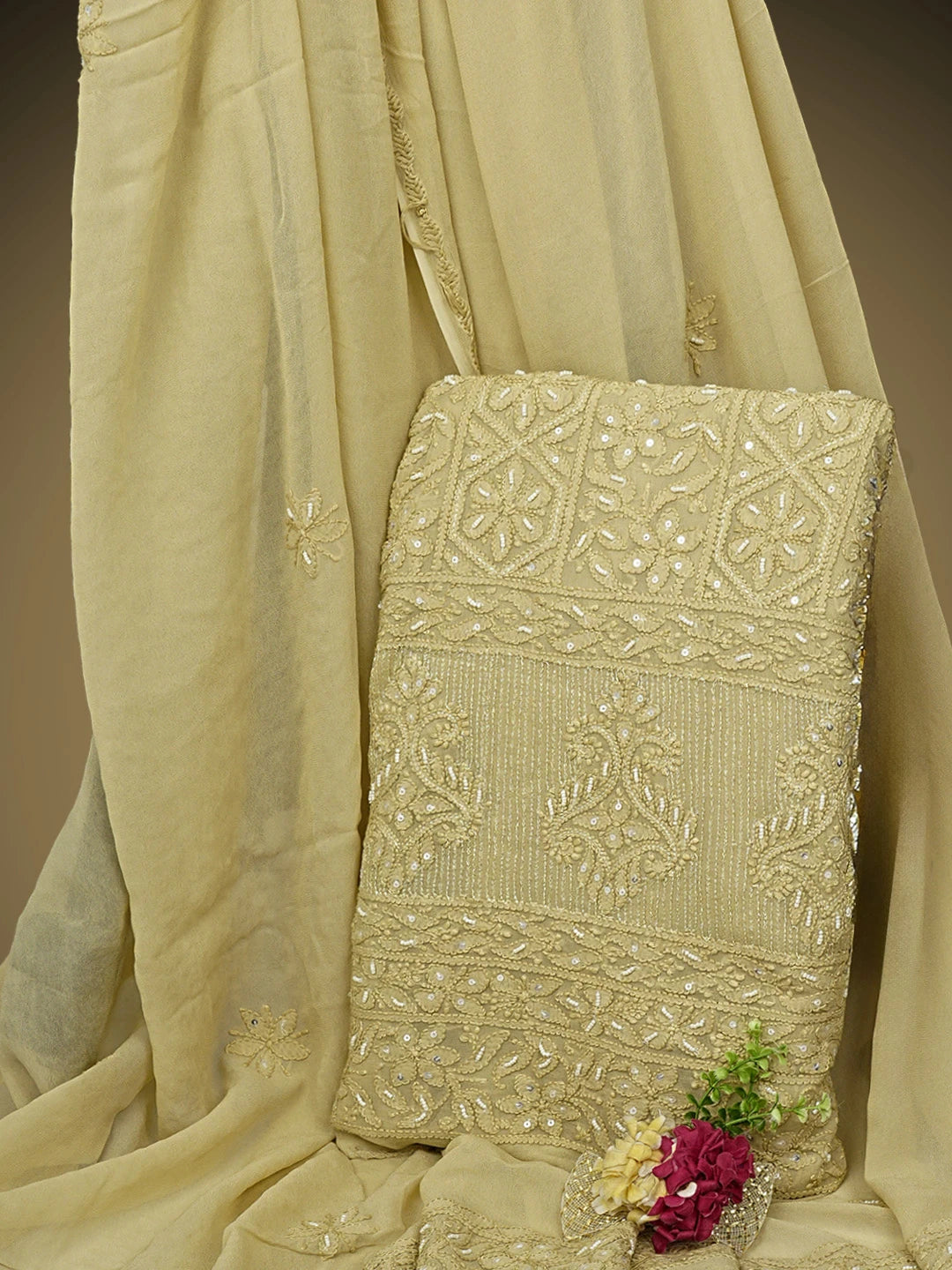 Ada Hand Embroidered Sand Brown Viscose Georgette Lucknowi Chikankari Unstitched Kurta Dupatta Set With Zari Work 01A957752
