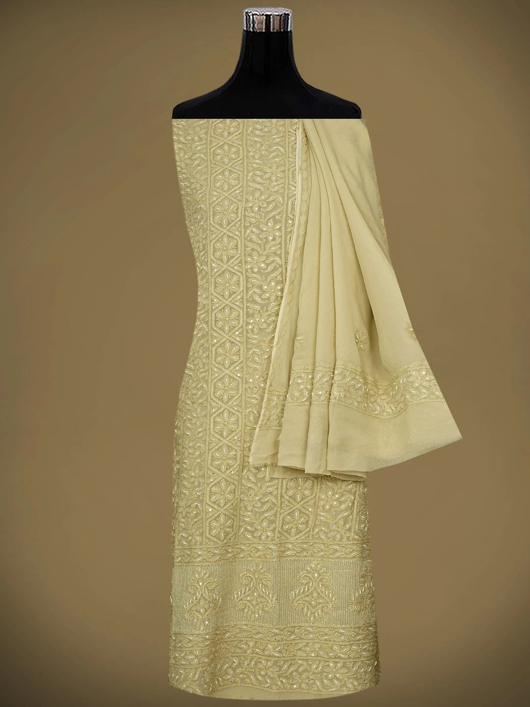 Ada Hand Embroidered Sand Brown Viscose Georgette Lucknowi Chikankari Unstitched Kurta Dupatta Set With Zari Work 01A957752