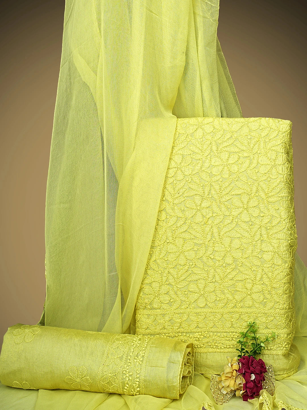 Ada Hand Embroidered Lime Green Chanderi Lucknowi Chikankari Unstitched Suit Piece 01A424743