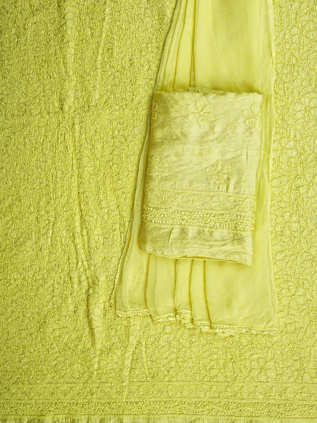 Ada Hand Embroidered Lime Green Chanderi Lucknowi Chikankari Unstitched Suit Piece 01A424743