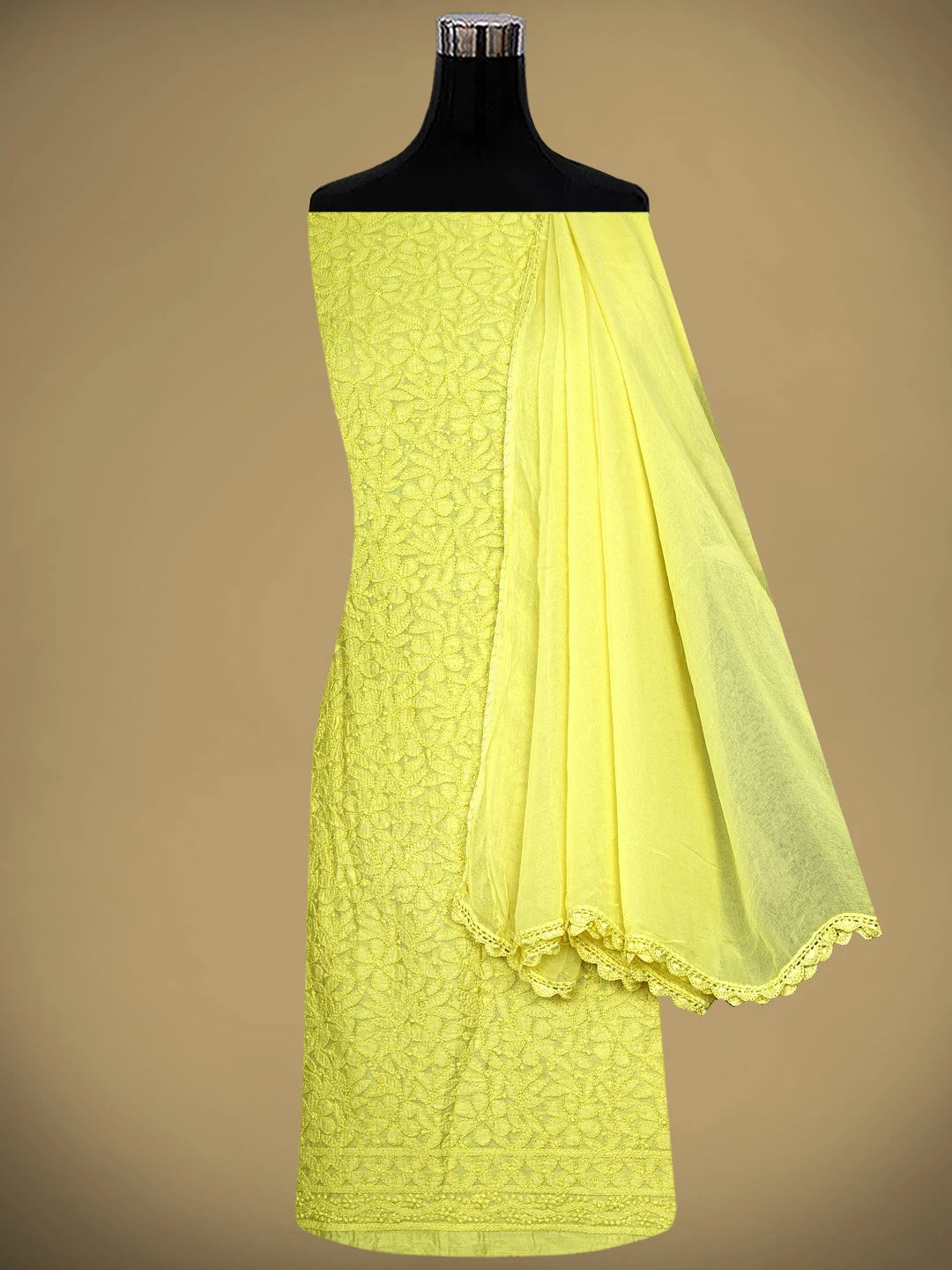 Ada Hand Embroidered Lime Green Chanderi Lucknowi Chikankari Unstitched Suit Piece 01A424743