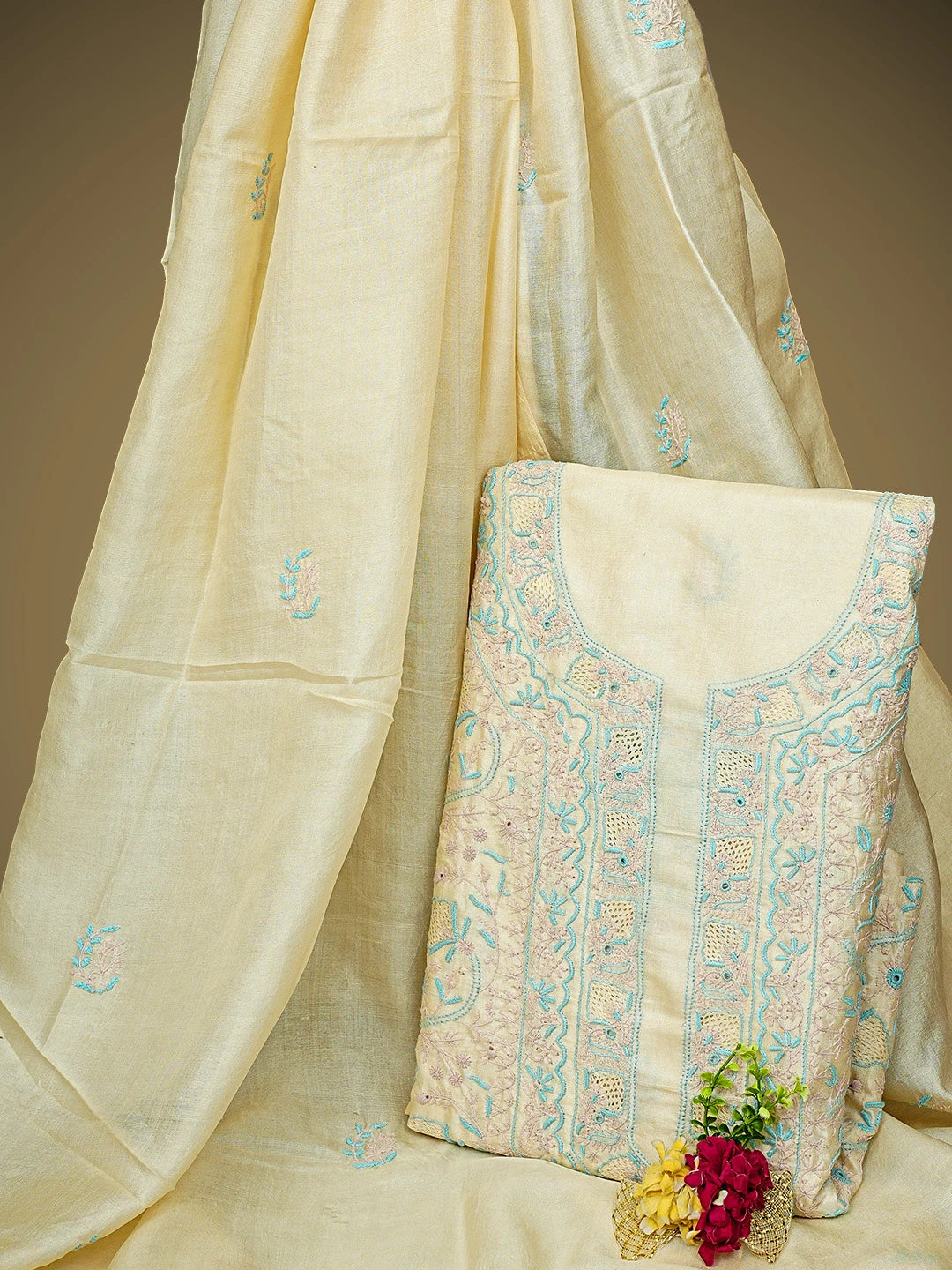 Ada Hand Embroidered White Papaya Whip Tusser Silk Lucknowi Chikankari Unstitched Kurta Dupatta Set 01A958040