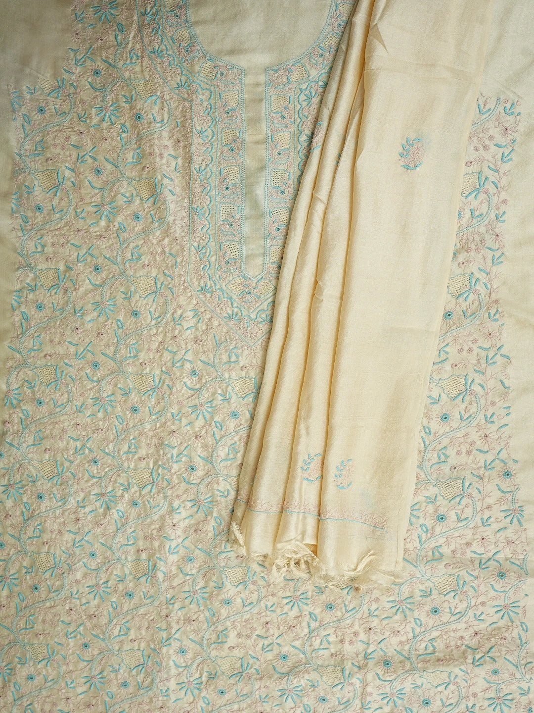 Ada Hand Embroidered White Papaya Whip Tusser Silk Lucknowi Chikankari Unstitched Kurta Dupatta Set 01A958040