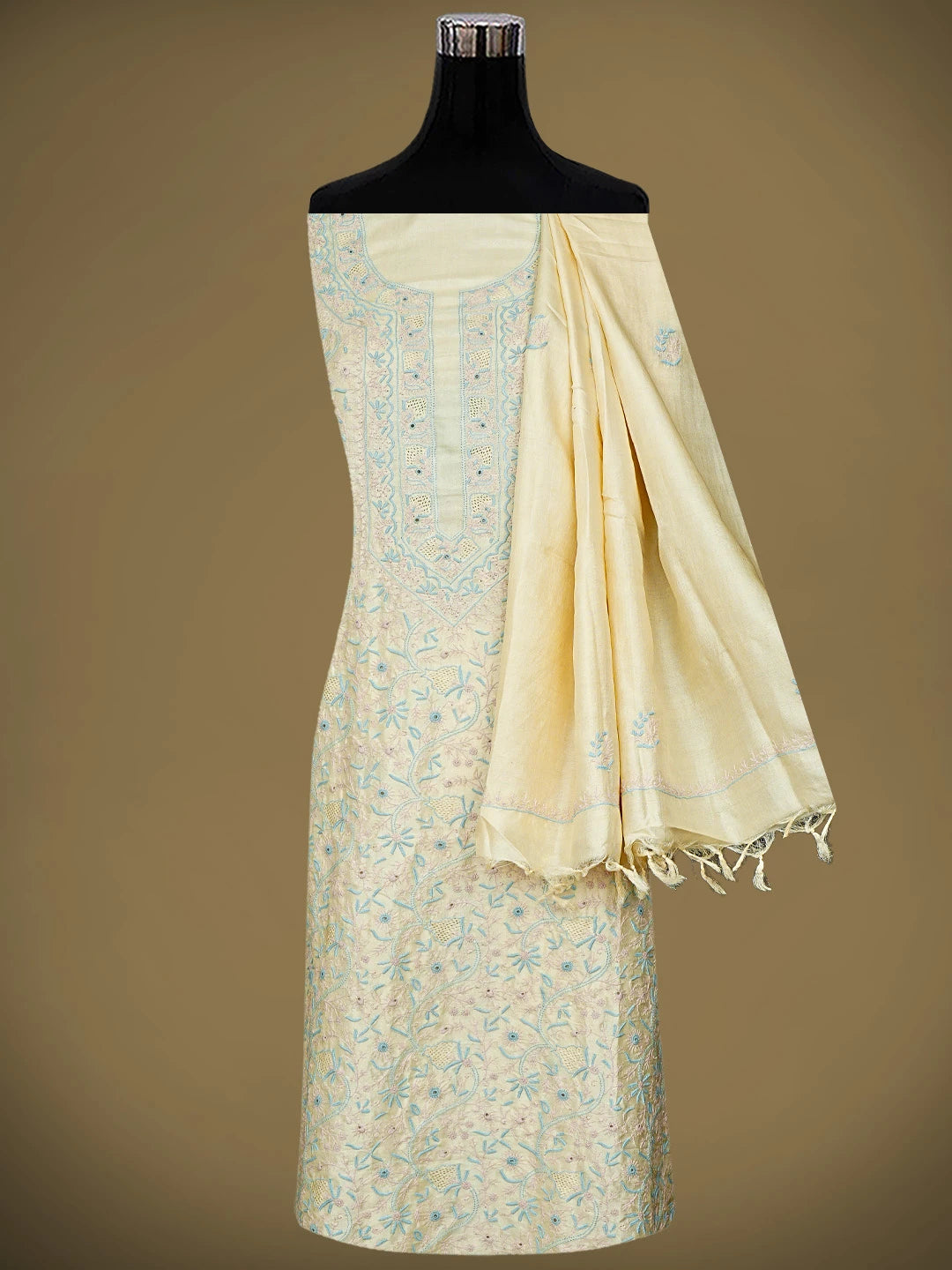 Ada Hand Embroidered White Papaya Whip Tusser Silk Lucknowi Chikankari Unstitched Kurta Dupatta Set 01A958040