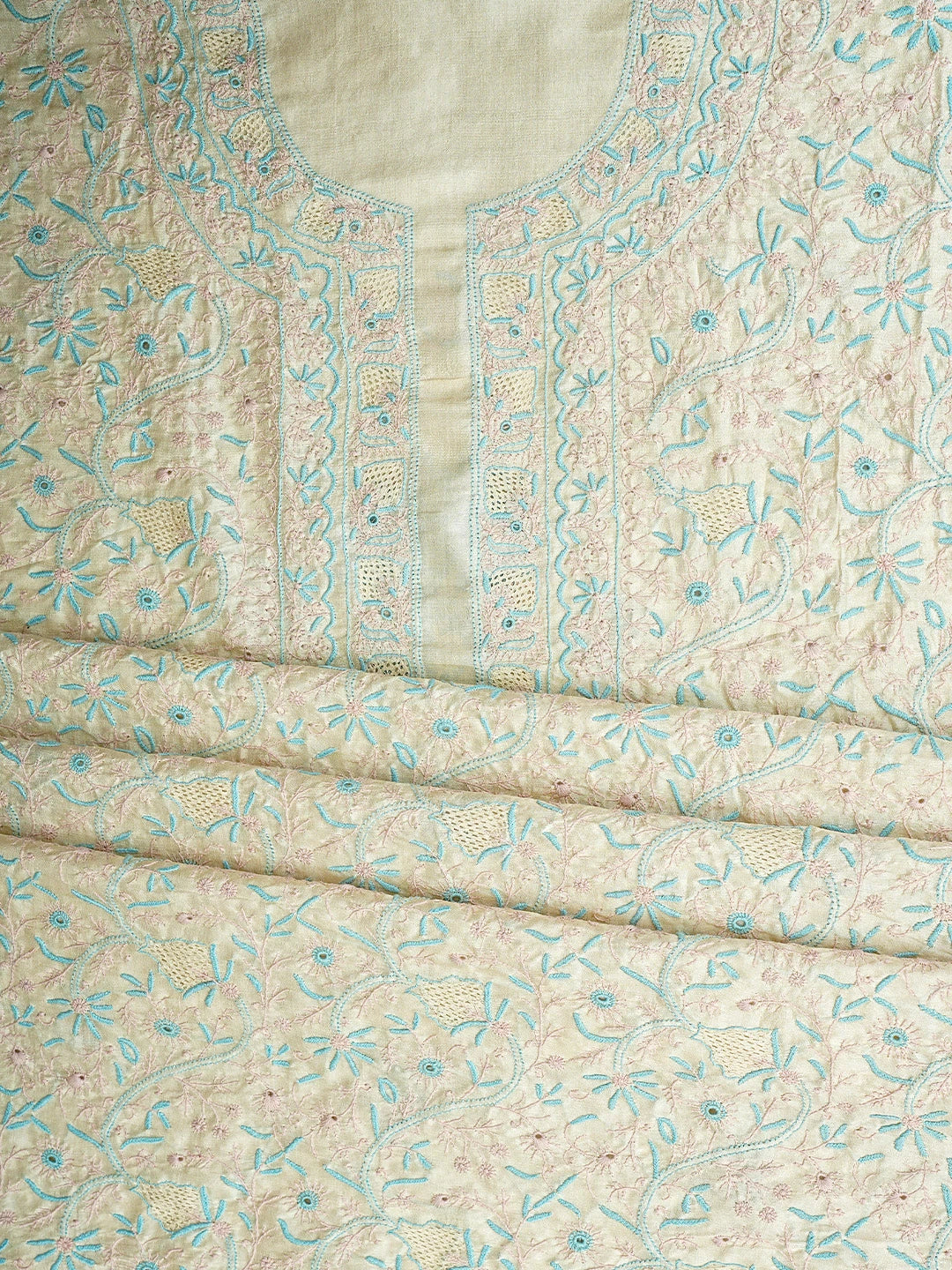 Ada Hand Embroidered White Papaya Whip Tusser Silk Lucknowi Chikankari Unstitched Kurta Dupatta Set 01A958040