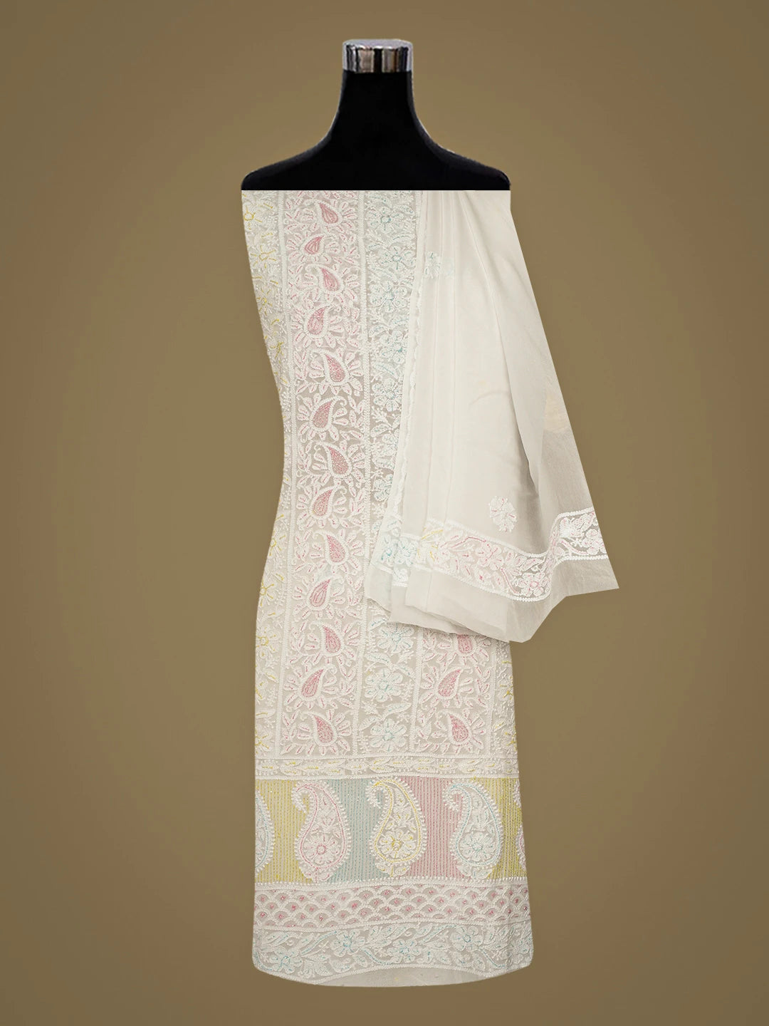 Ada Hand Embroidered White Viscose Georgette Lucknowi Chikankari Unstitched Kurta Dupatta Set With Cutdana Work 01A924816