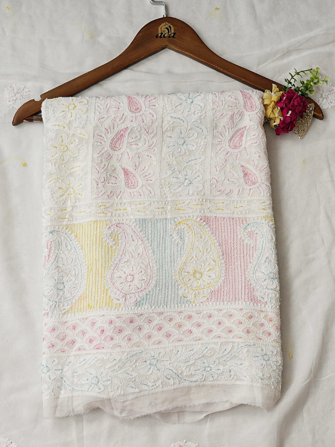Ada Hand Embroidered White Viscose Georgette Lucknowi Chikankari Unstitched Kurta Dupatta Set With Cutdana Work 01A924816