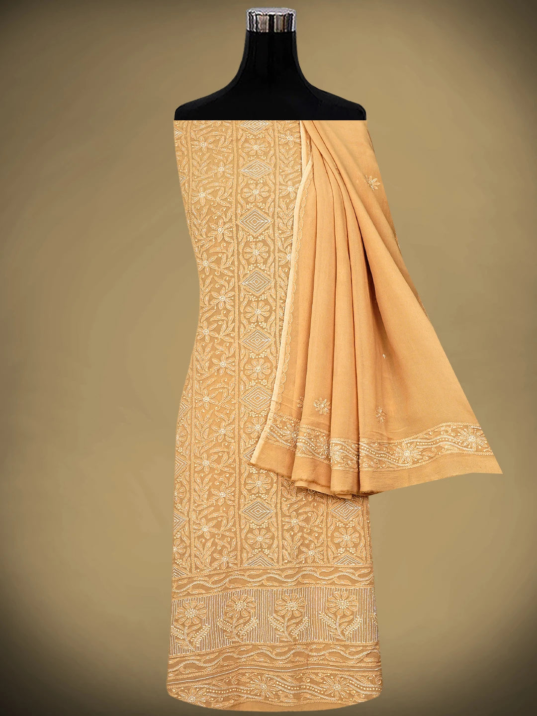Ada Hand Embroidered Fawn Viscose Georgette Lucknowi Chikankari Unstitched Kurta Dupatta Set With Cutdana Work 01A951234