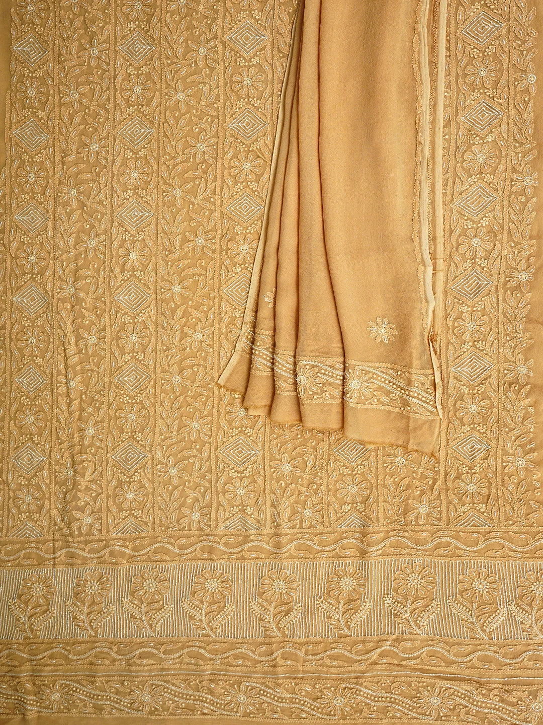 Ada Hand Embroidered Fawn Viscose Georgette Lucknowi Chikankari Unstitched Kurta Dupatta Set With Cutdana Work 01A951234